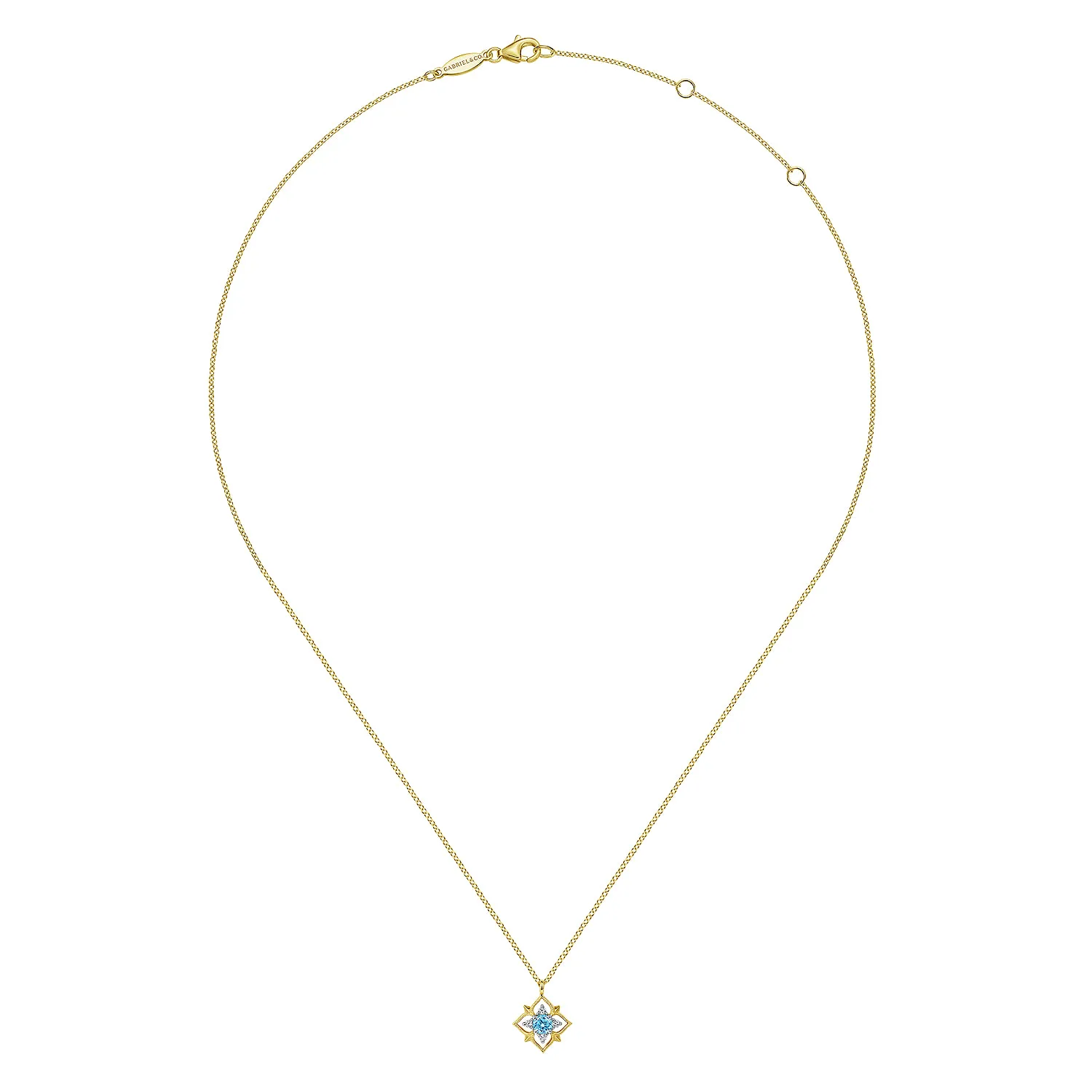 Swiss Blue Topaz and Diamond Floral Pendant Necklace in 14K Yellow Gold, photograph 2