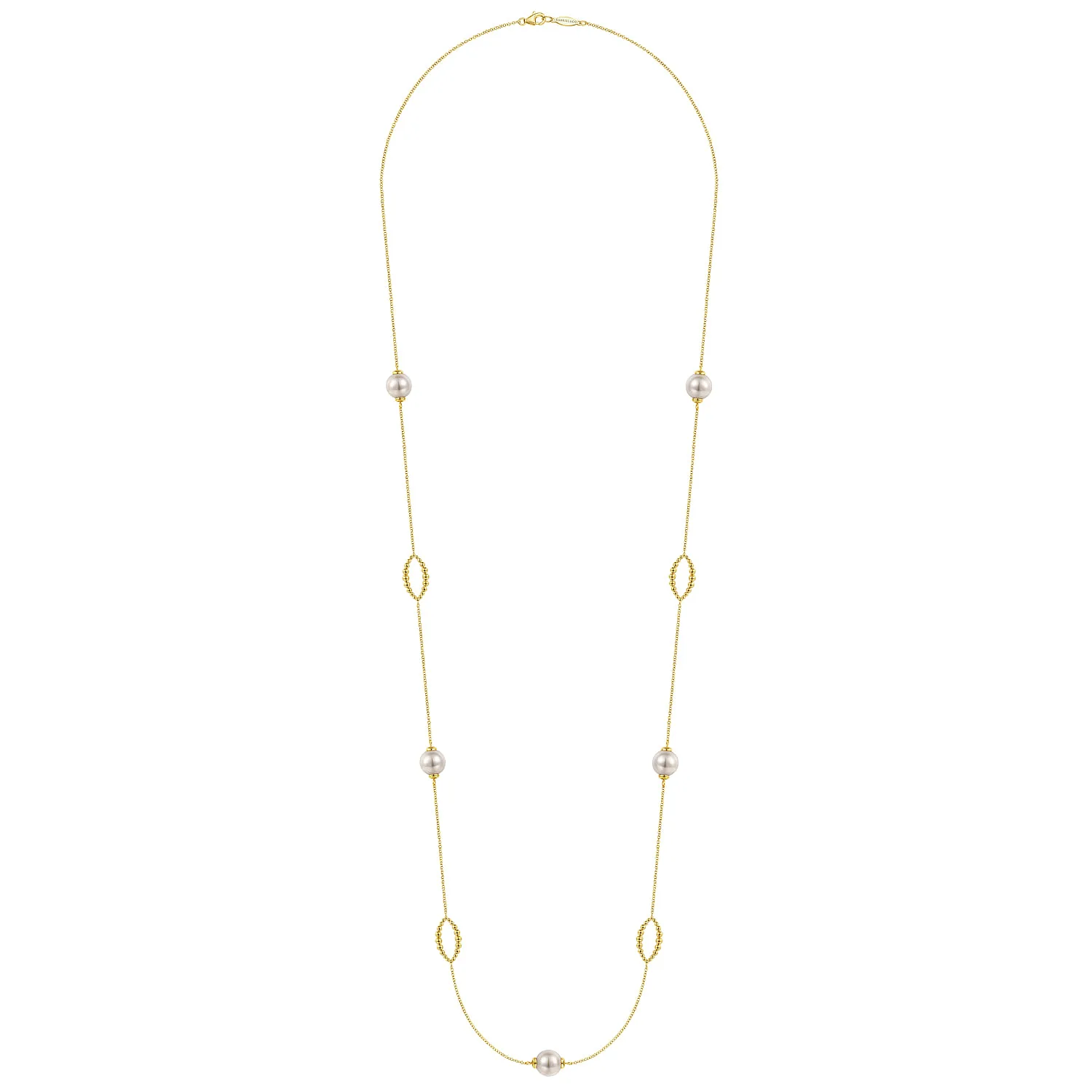 32 Inch Pearl and Bujukan Ovals Station Necklace in 14K Yellow Gold, photograph 2
