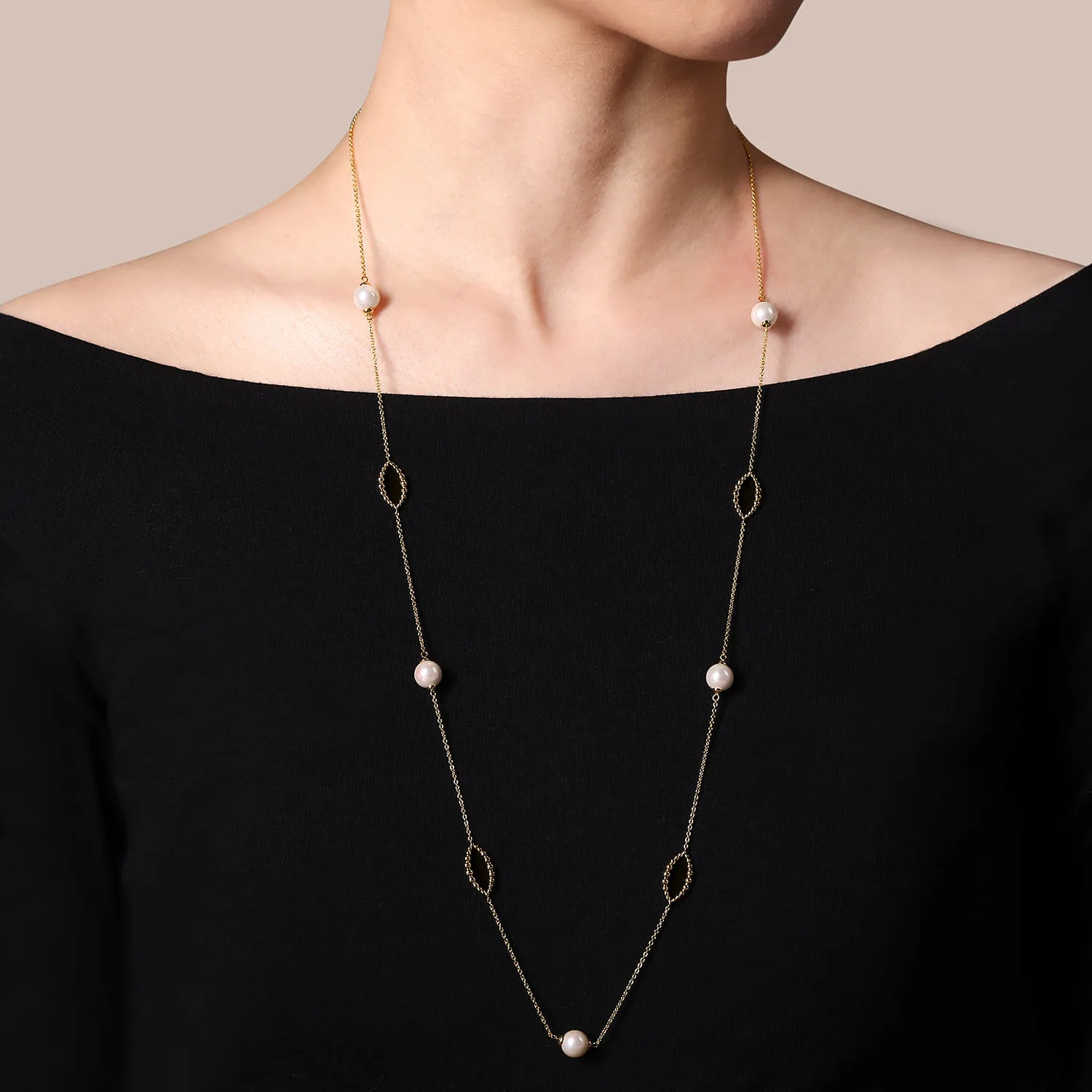 32 Inch Pearl and Bujukan Ovals Station Necklace in 14K Yellow Gold, photograph 3