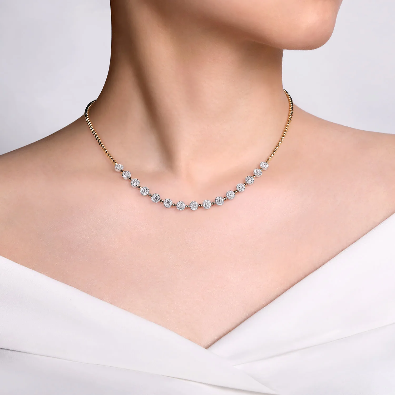 Pave Diamond Cluster Station Bujukan Necklace in 14K White/Yellow Gold, photograph 3