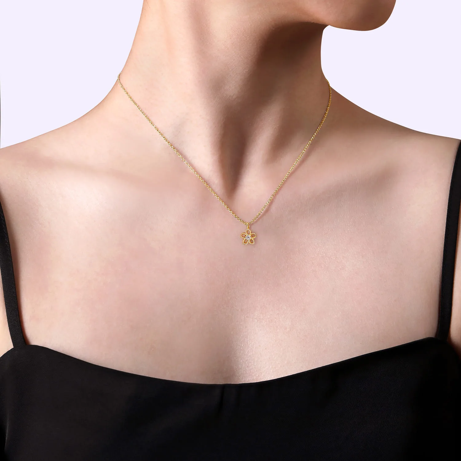 Diamond Flower Pendant Necklace in 14K Yellow Gold, photograph 3