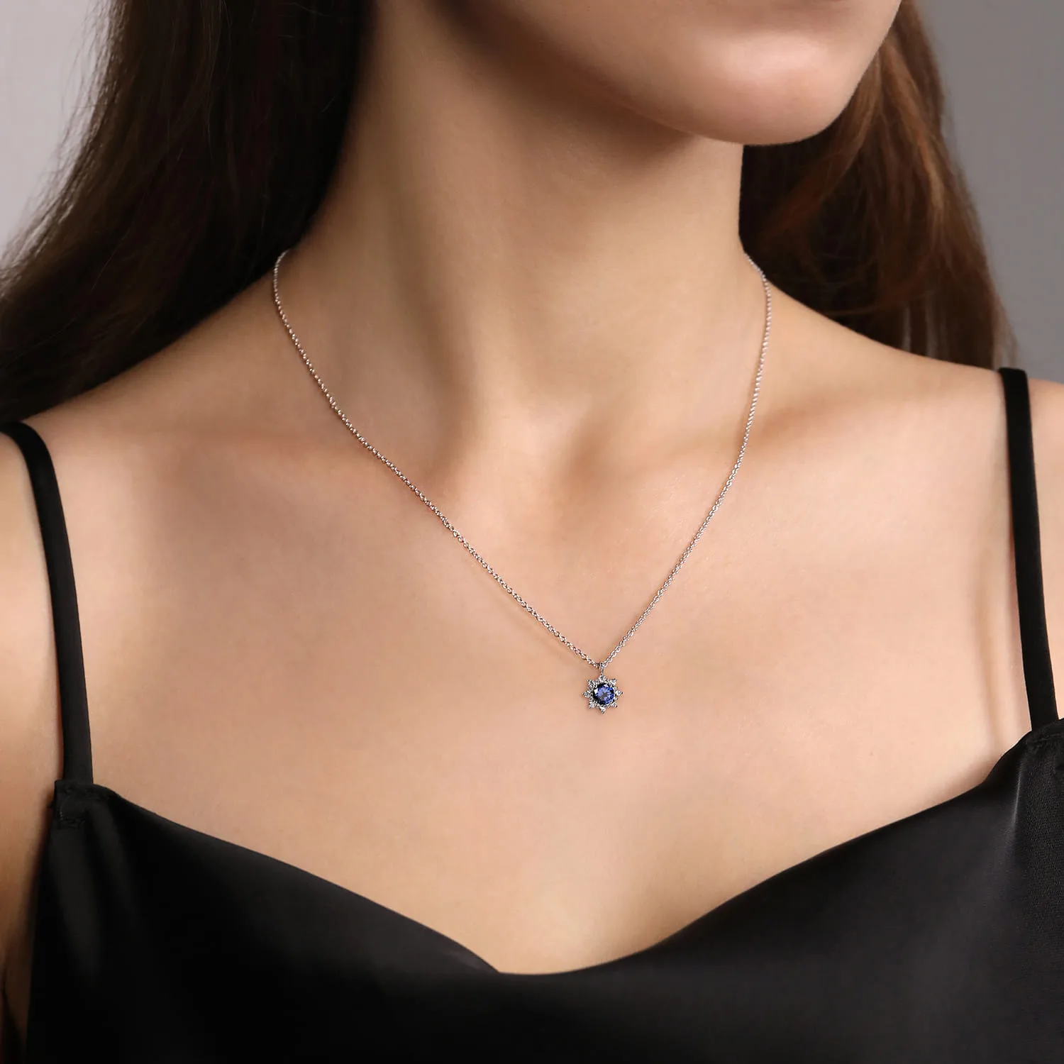 Diamond and Blue Sapphire Pendant Necklace in 14K White Gold, photograph 3
