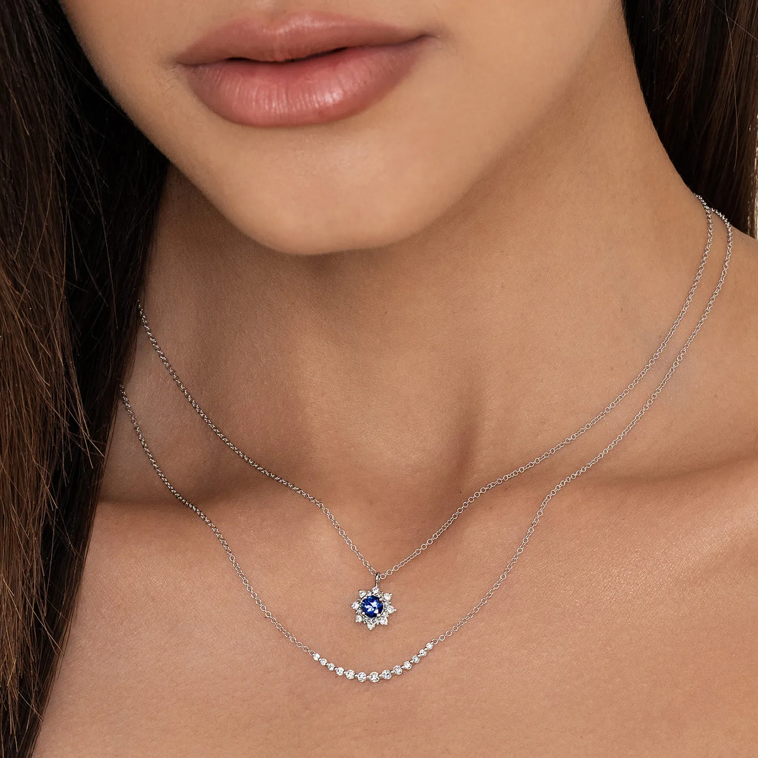 Diamond and Blue Sapphire Pendant Necklace in 14K White Gold, photograph 4