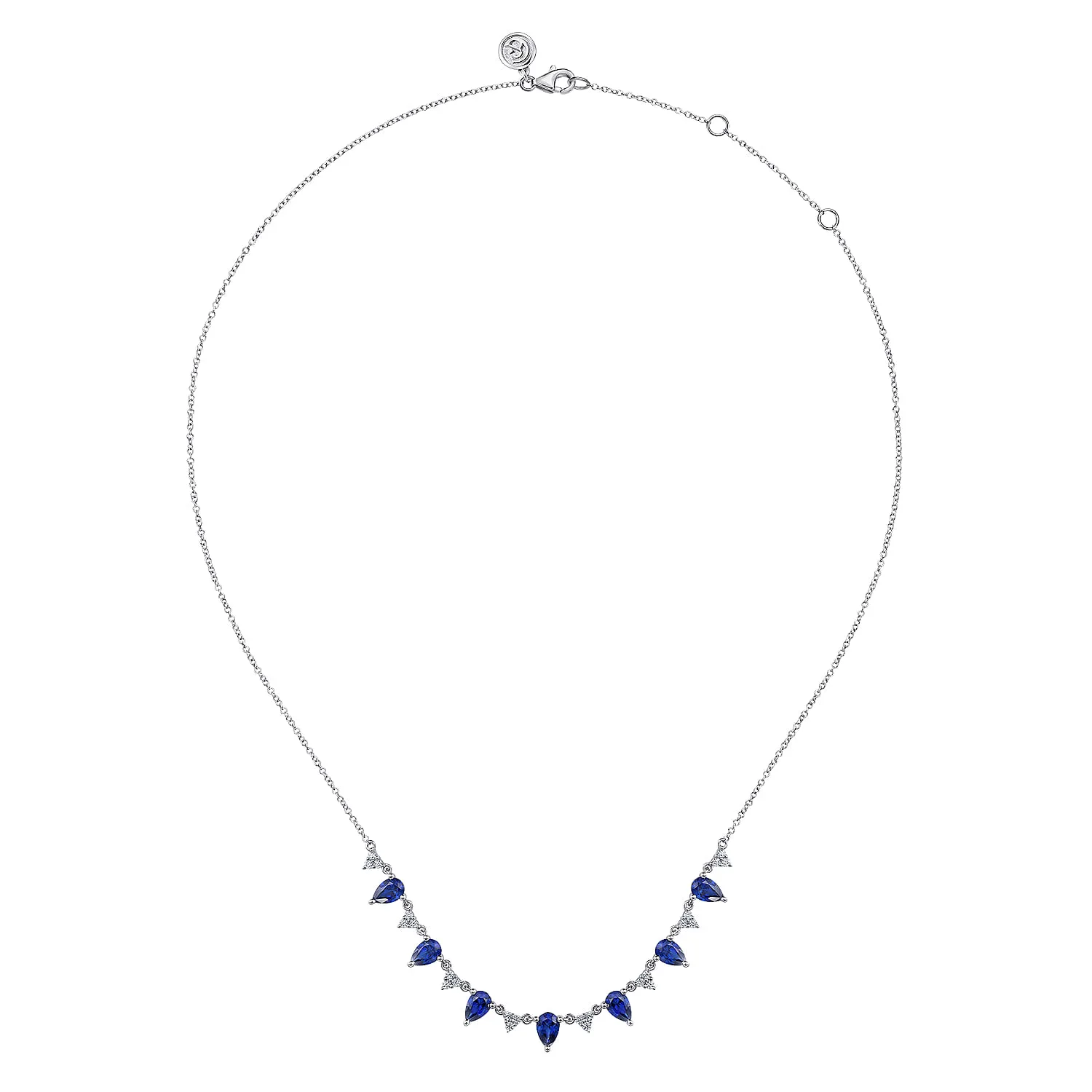 Diamond and Teardrop Blue Sapphire Station Necklace in 14K White Gold, photograph 2