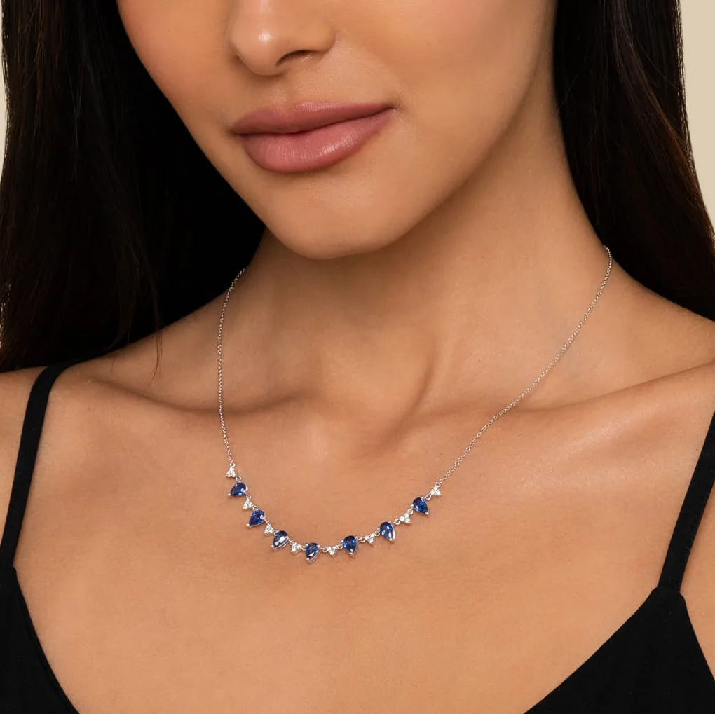 Diamond and Teardrop Blue Sapphire Station Necklace in 14K White Gold, photograph 3