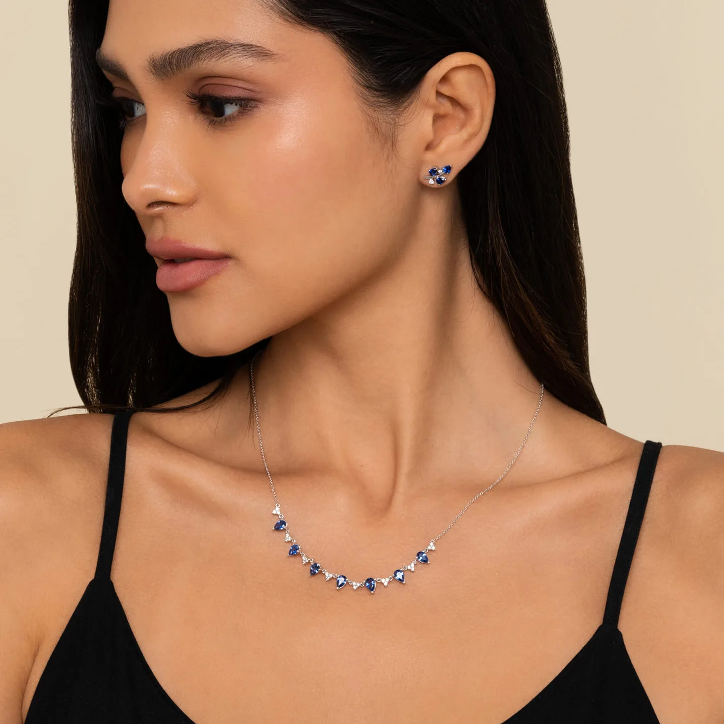 Diamond and Teardrop Blue Sapphire Station Necklace in 14K White Gold, photograph 4