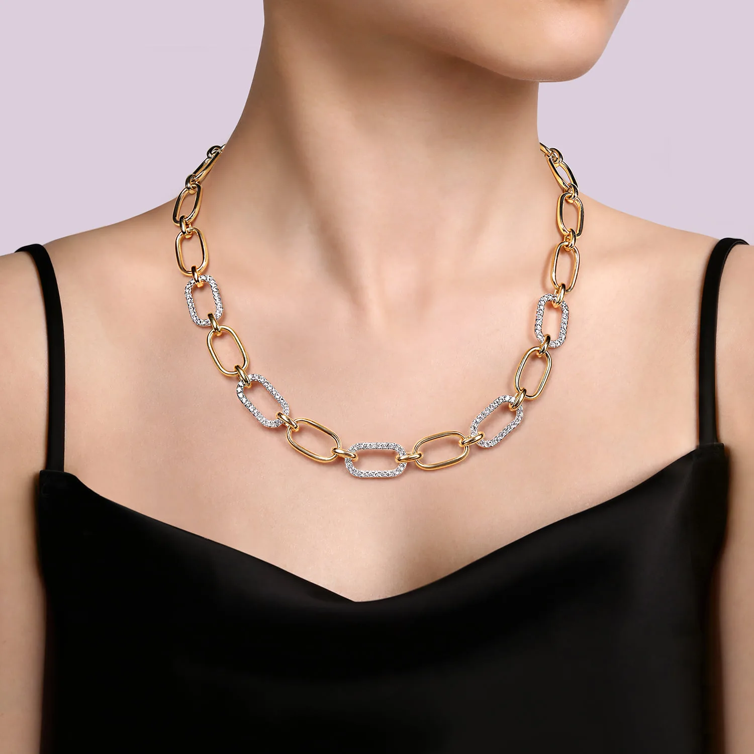 Chain Necklace with Diamond Link Stations in 14K White/Yellow Gold, photograph 3