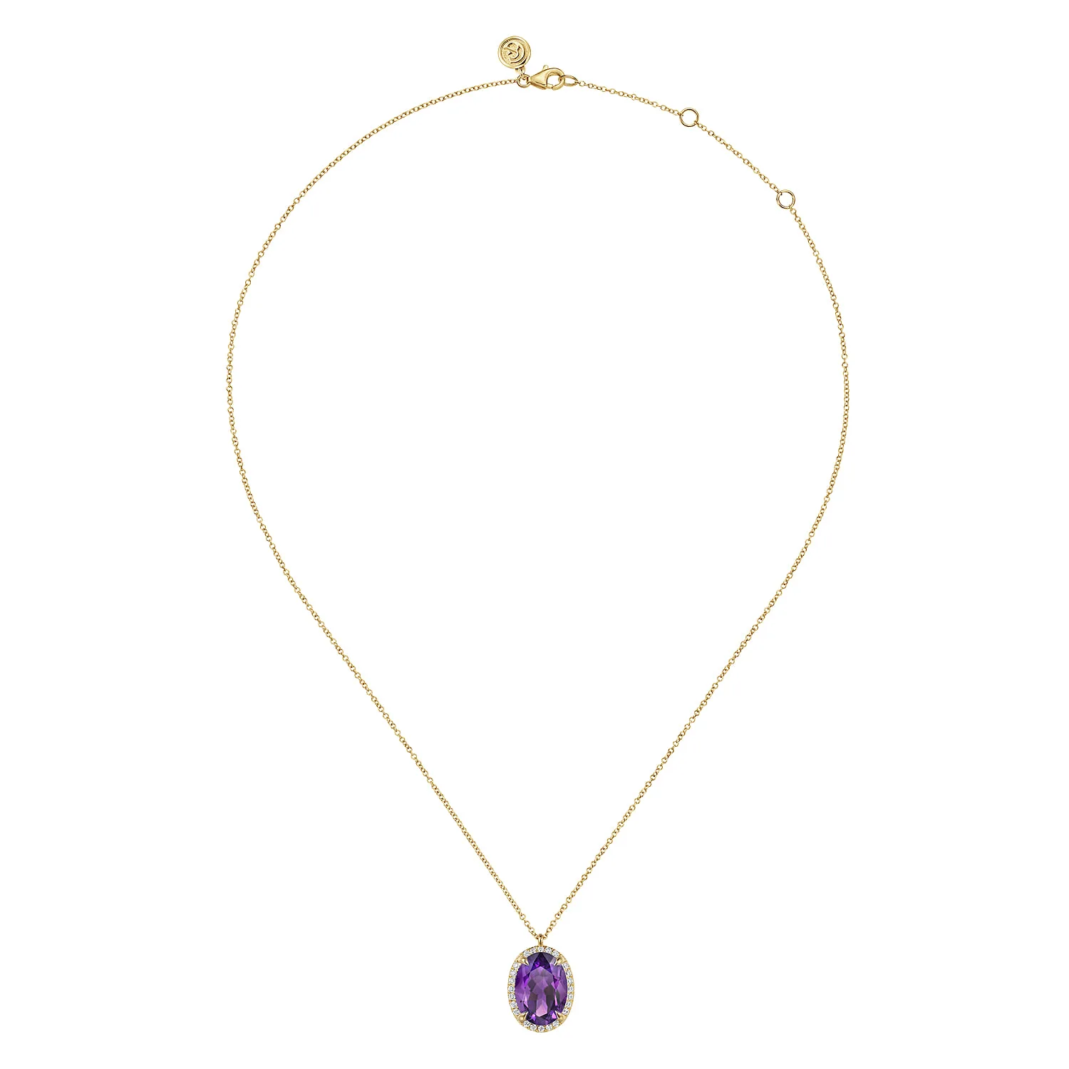 Diamond and Oval Shape Amethyst Necklace With Flower Pattern J-Back in 14K Yellow Gold, photograph 2