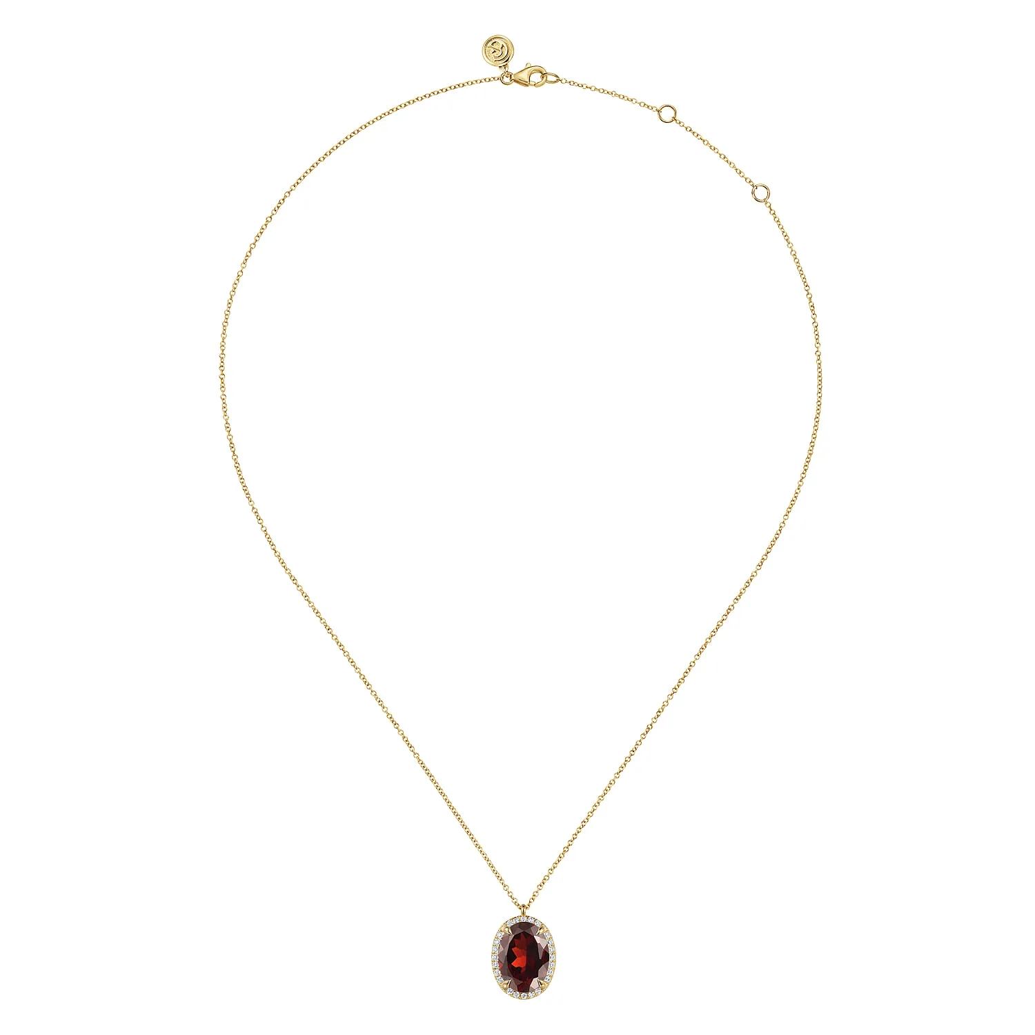 Diamond and Oval Shape Garnet Necklace With Flower Pattern J-Back in 14K Yellow Gold, photograph 2