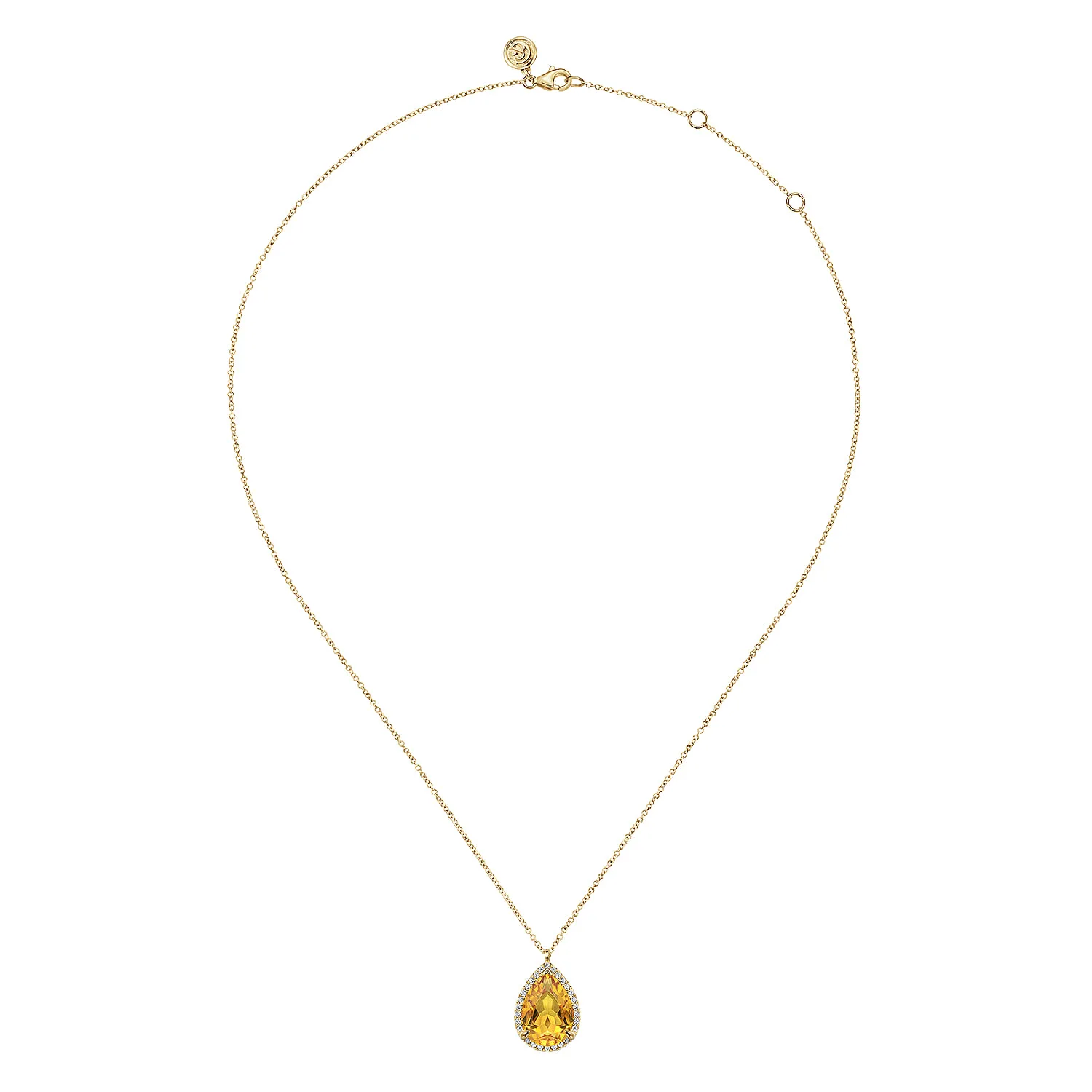 Diamond and Flat Teardrop Citrine Necklace With Flower Pattern J-Back in 14K Yellow Gold, photograph 2