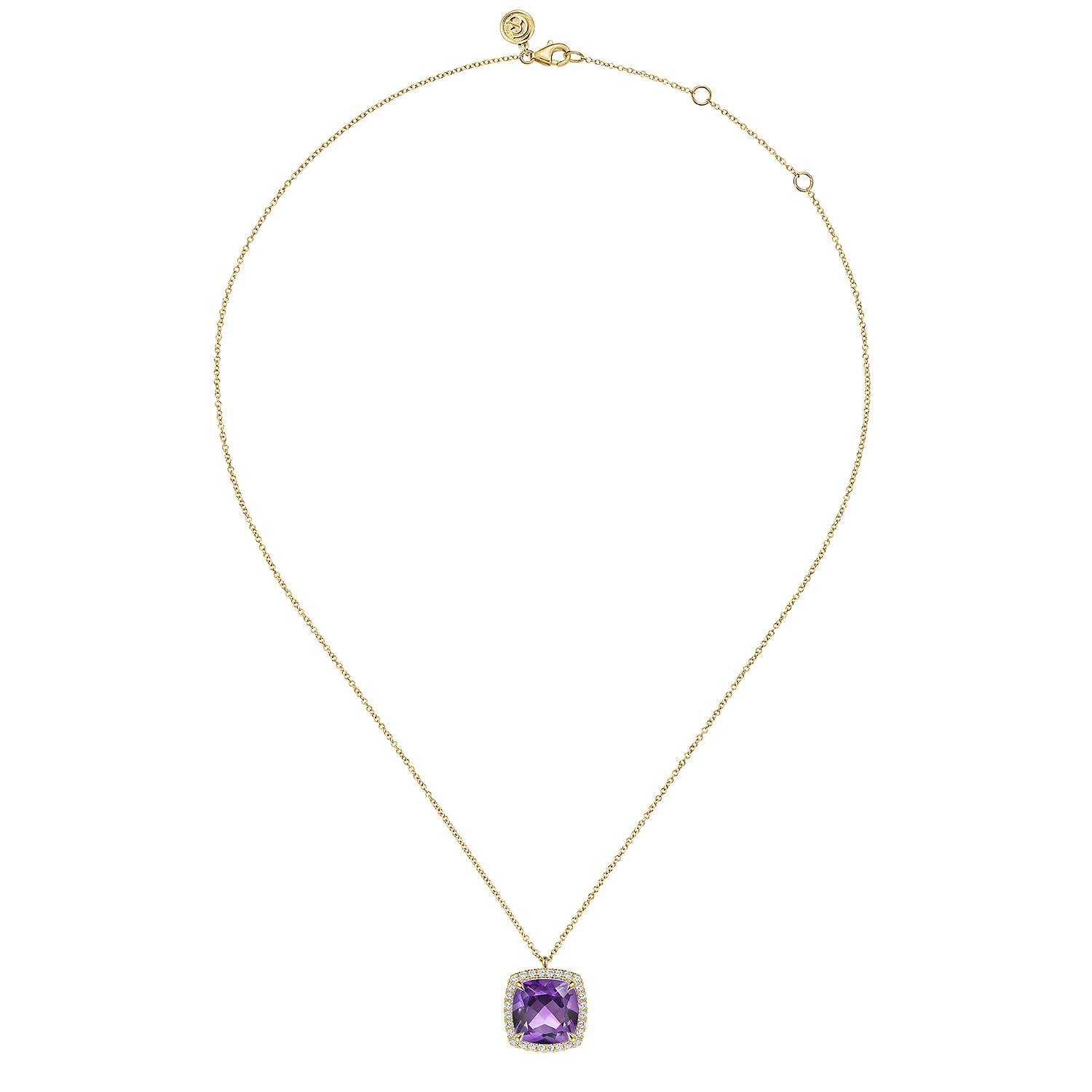 Diamond and Amethyst Cushion Cut Necklace With Flower Pattern J-Back in 14K Yellow Gold, photograph 2