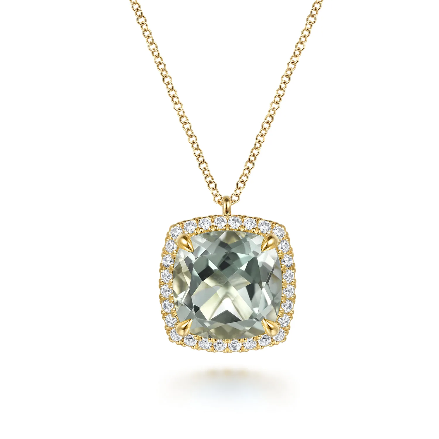Diamond and Green Amethyst Cushion Cut Necklace With Flower Pattern J-Back