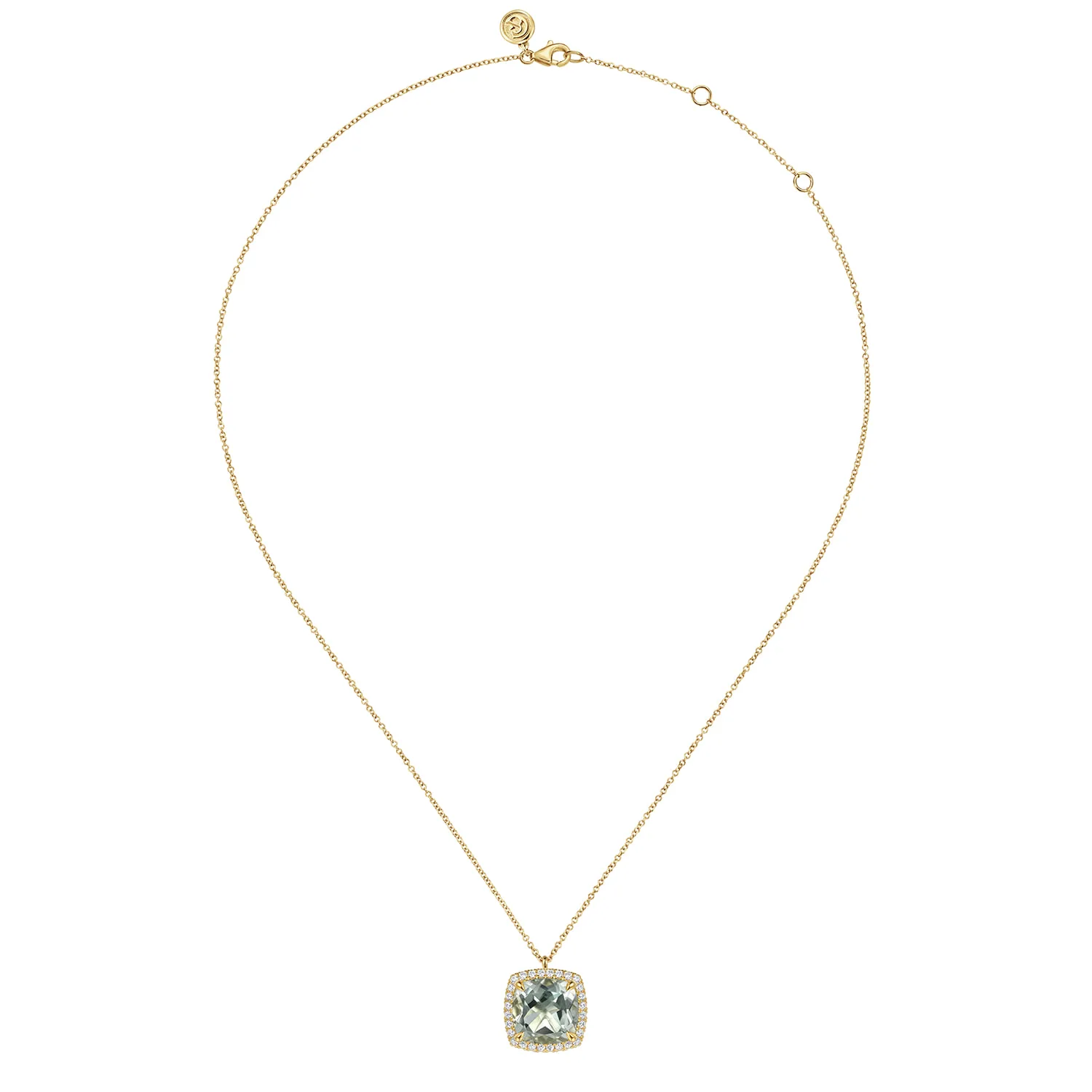 Diamond and Green Amethyst Cushion Cut Necklace With Flower Pattern J-Back in 14K Yellow Gold, photograph 2