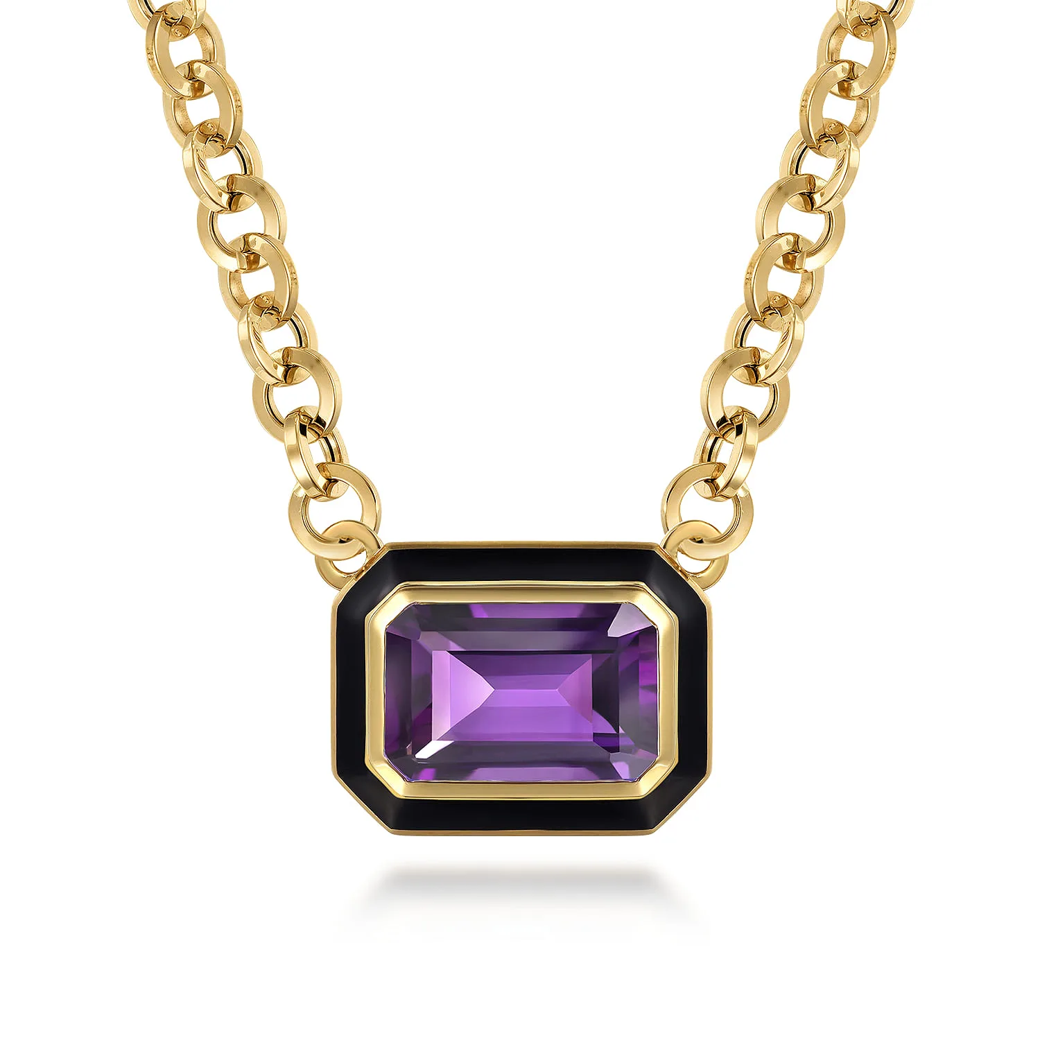 Amethyst Necklace With Flower Pattern J-Back and Black Enamel
