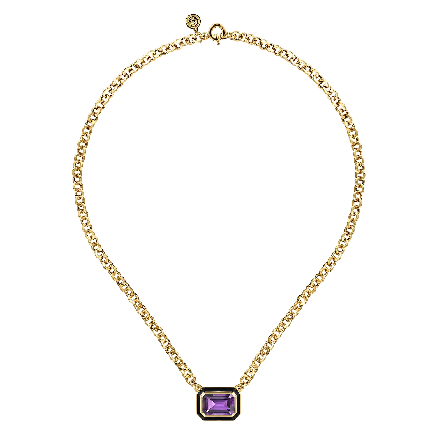 Amethyst Necklace With Flower Pattern J-Back and Black Enamel in 14K Yellow Gold, photograph 2