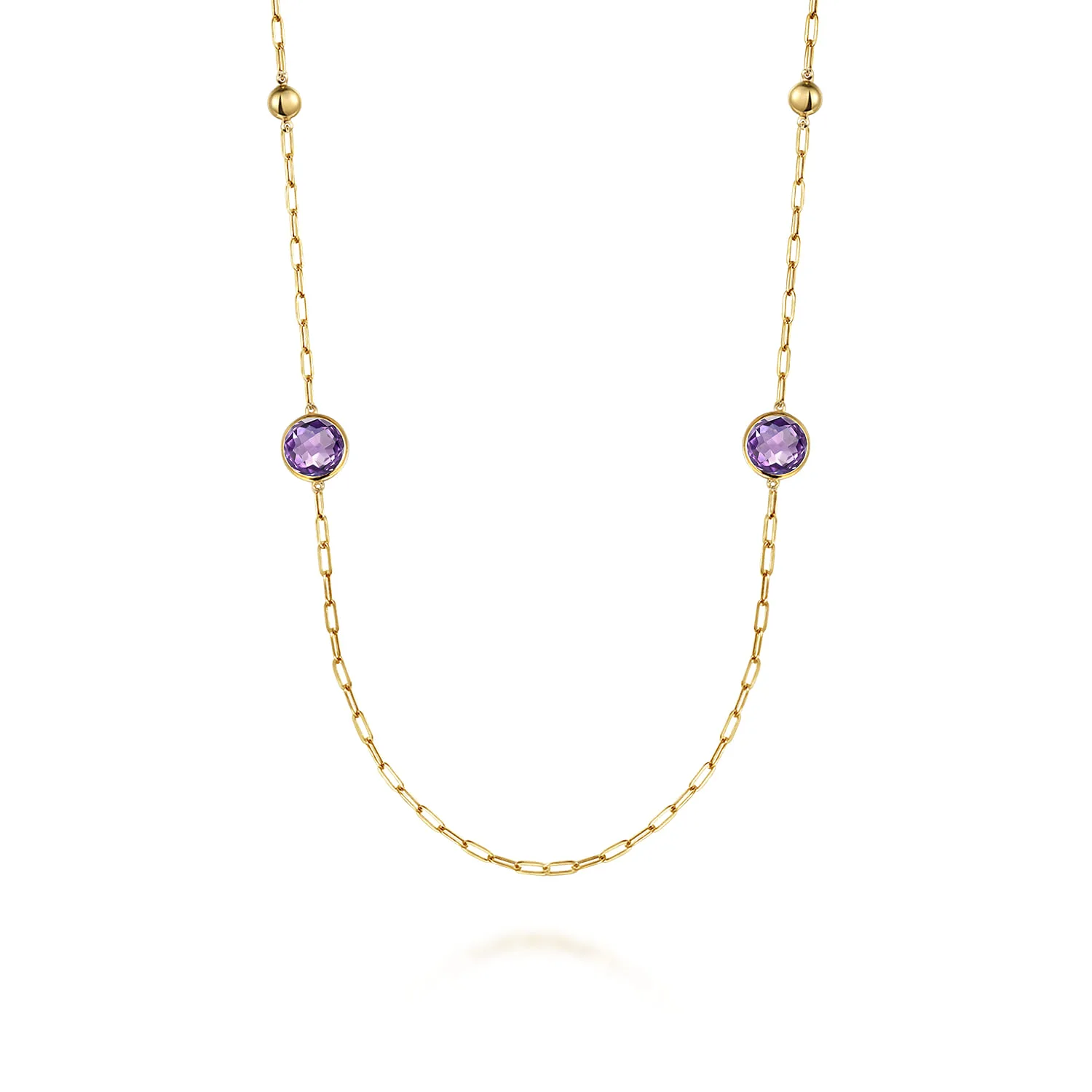 Amethyst Round Shape Necklace With Four Stations Beads and Bezel Setting