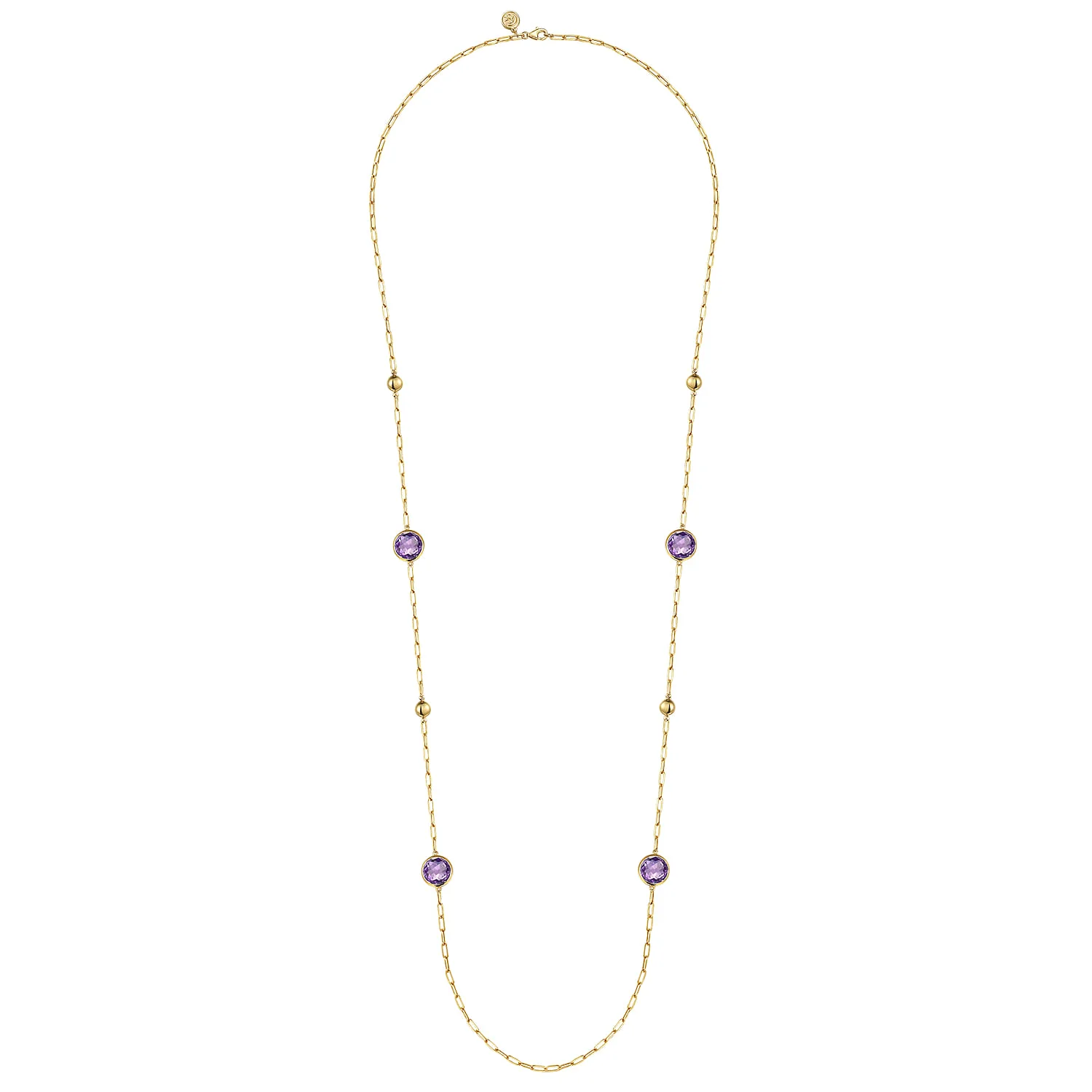 Amethyst Round Shape Necklace With Four Stations Beads and Bezel Setting in 14K Yellow Gold, photograph 2