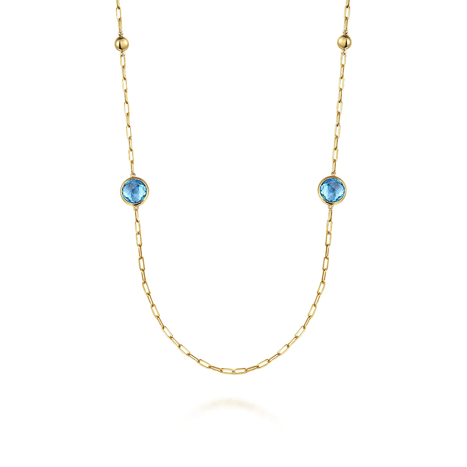 Blue Topaz Round Shape Necklace With Four Stations Beads and Bezel Setting