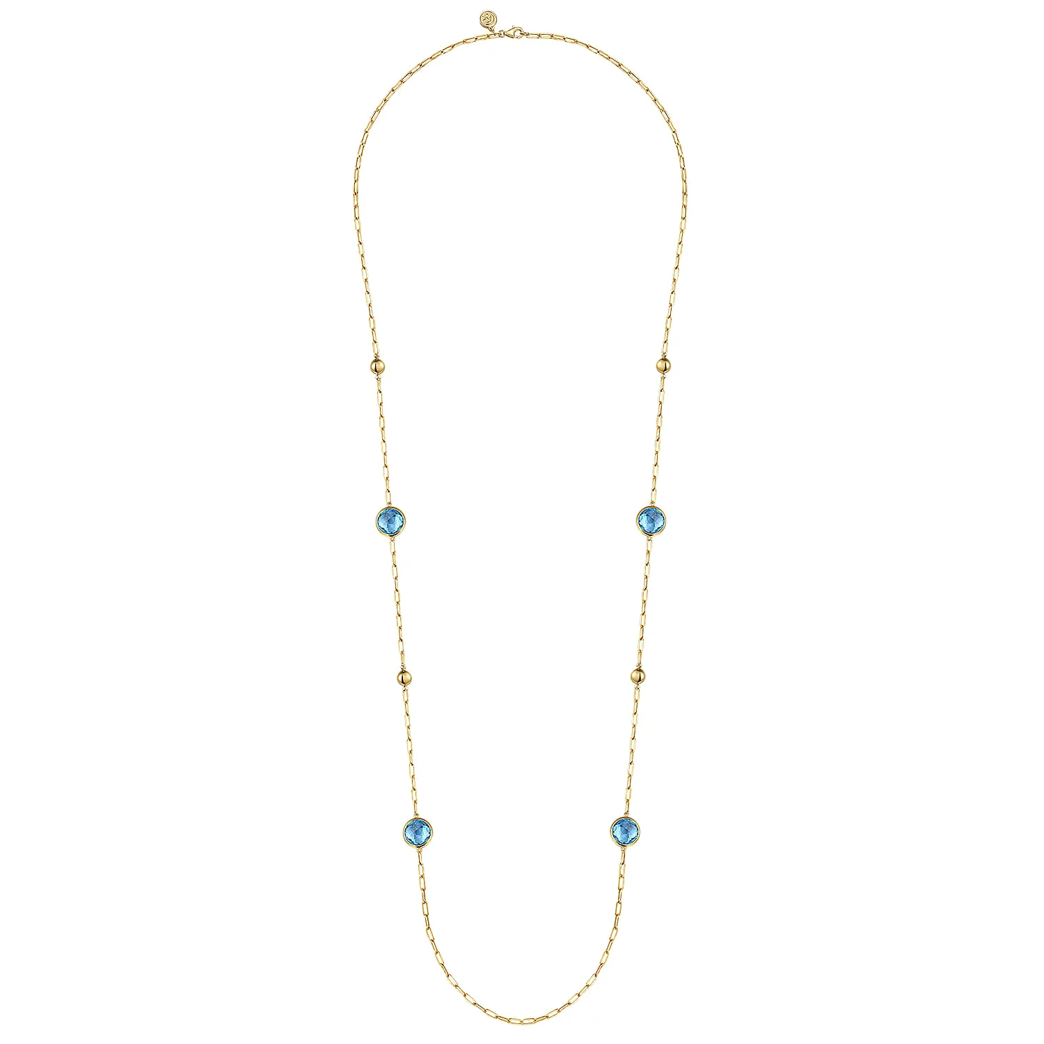Blue Topaz Round Shape Necklace With Four Stations Beads and Bezel Setting in 14K Yellow Gold, photograph 2