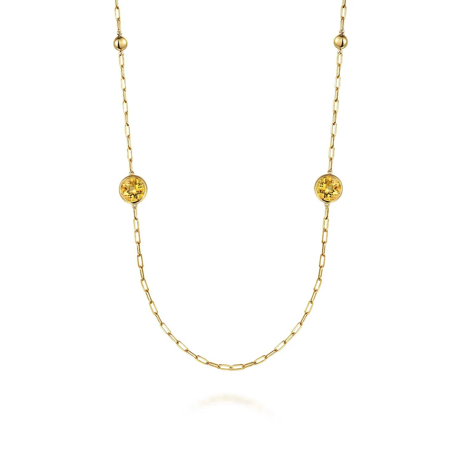 Citrine Round Shape Necklace With Four Stations Beads and Bezel Setting