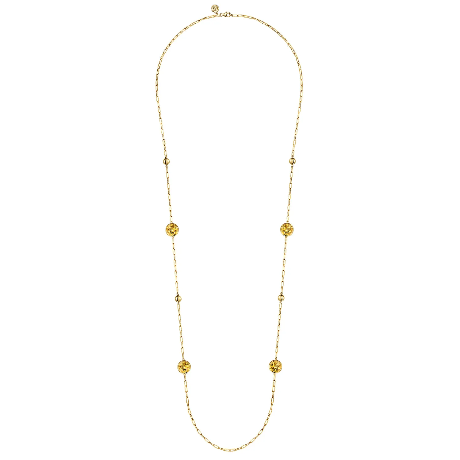 Citrine Round Shape Necklace With Four Stations Beads and Bezel Setting in 14K Yellow Gold, photograph 2