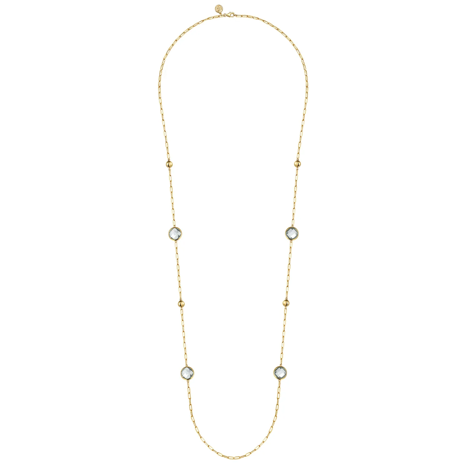 Green Amethyst Round Shape Necklace With Four Stations Beads and Bezel Setting in 14K Yellow Gold, photograph 2
