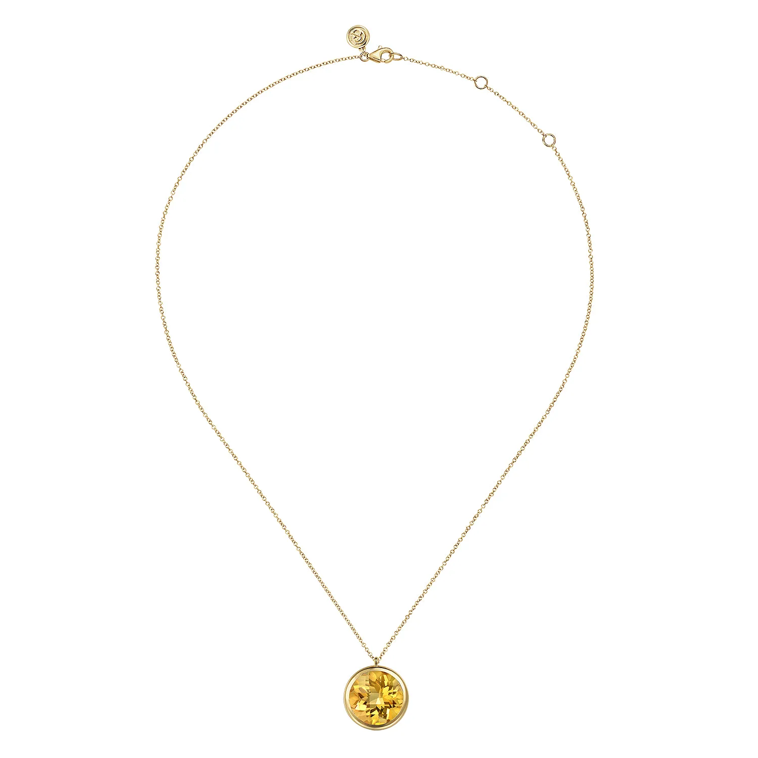 Citrine Round Shape Necklace With Flower Pattern J-Back in 14K Yellow Gold, photograph 2