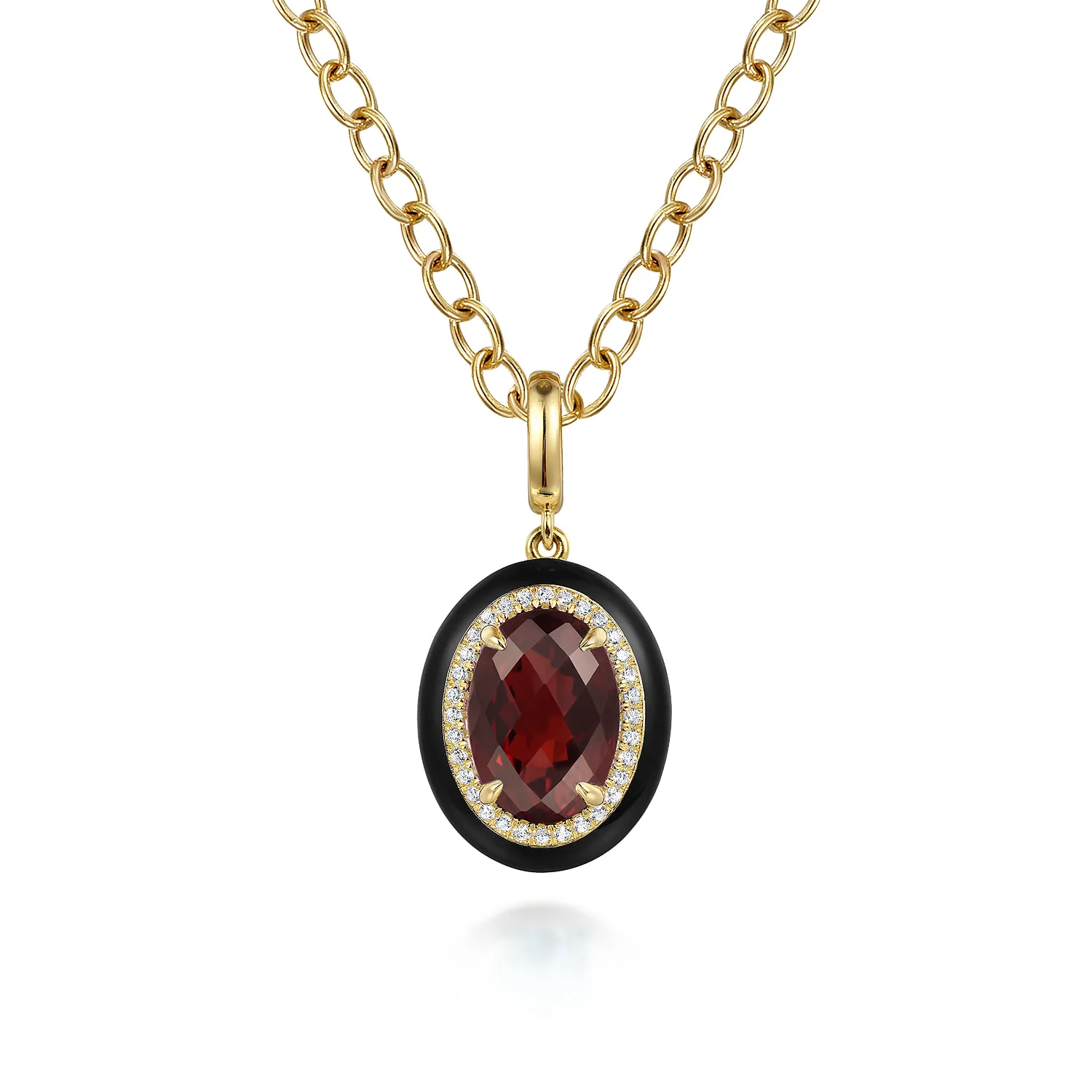 Diamond and Oval Shape Garnet Necklace With Flower Pattern J-Back and Black Enamel