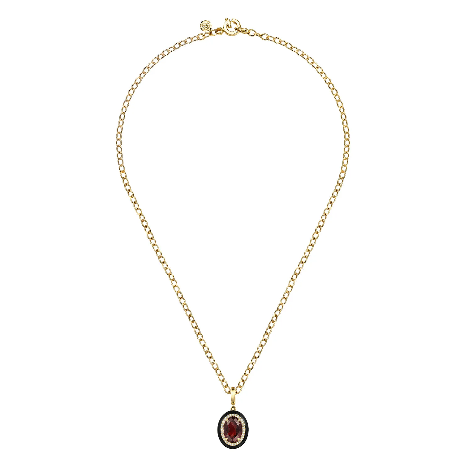 Diamond and Oval Shape Garnet Necklace With Flower Pattern J-Back and Black Enamel in 14K Yellow Gold, photograph 2