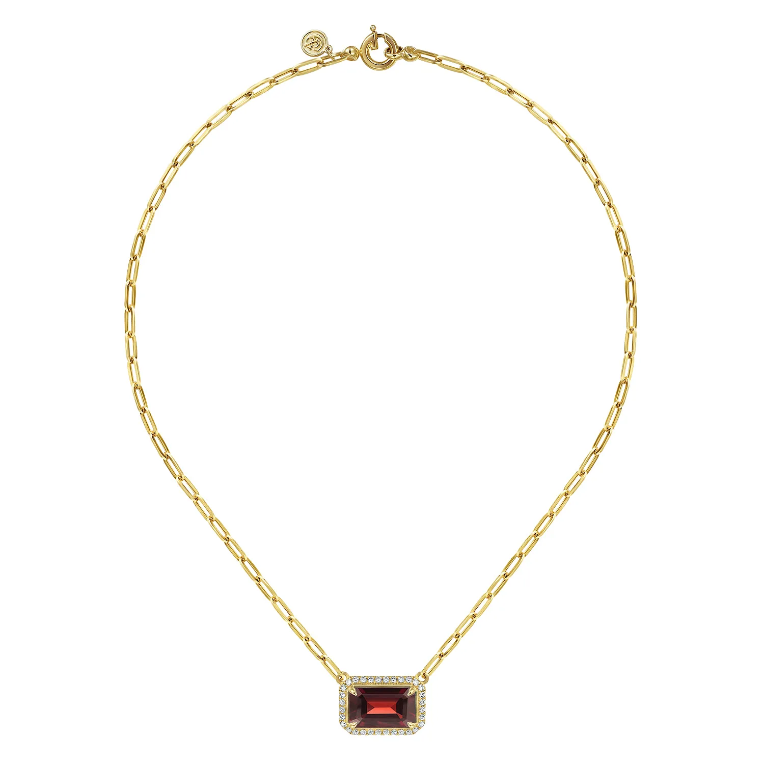 Diamond and Garnet Emerald Cut Necklace With Flower Pattern Gallery in 14K Yellow Gold, photograph 2