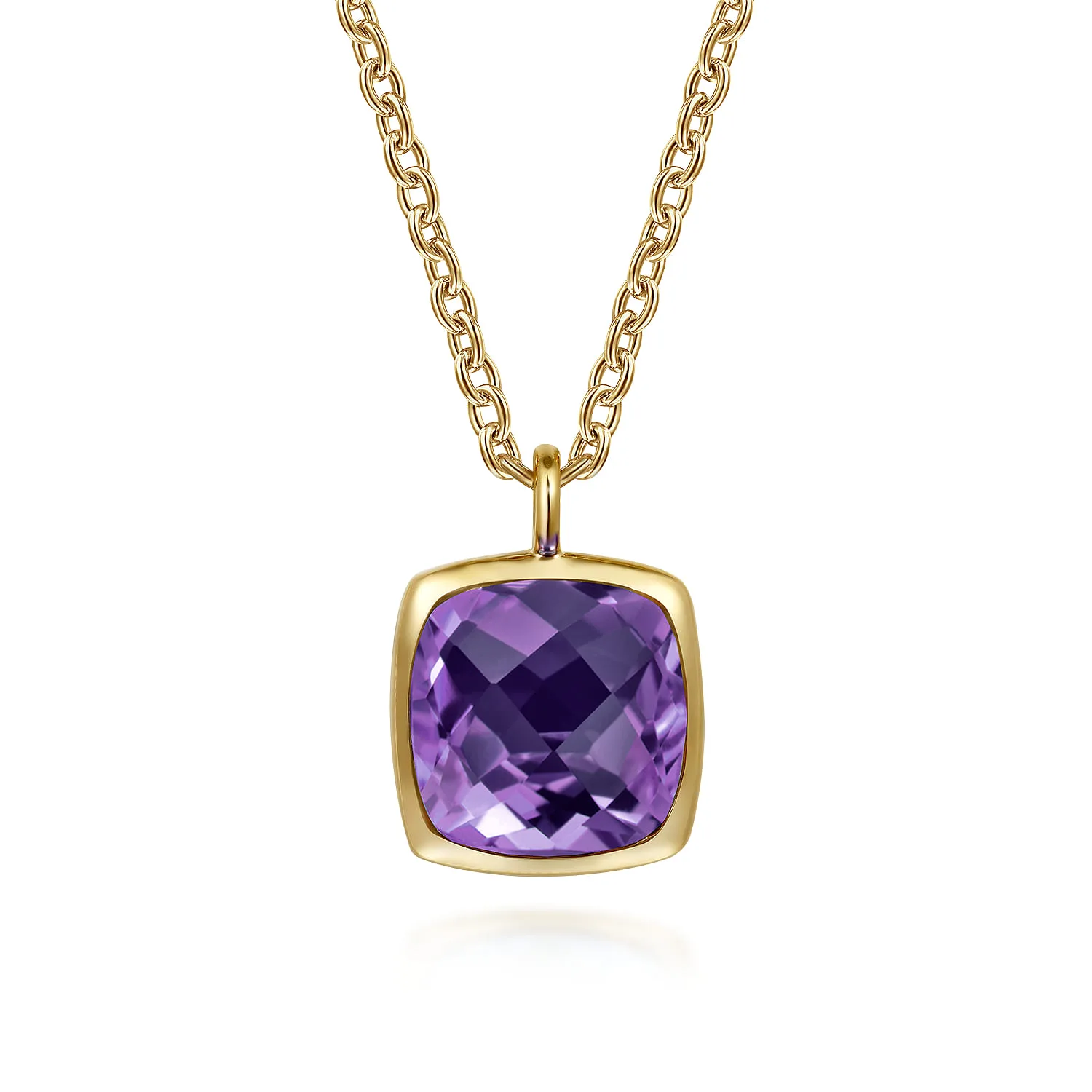 Cushion Cut Amethyst Necklace With Flower Pattern J-Back and Bezel Setting