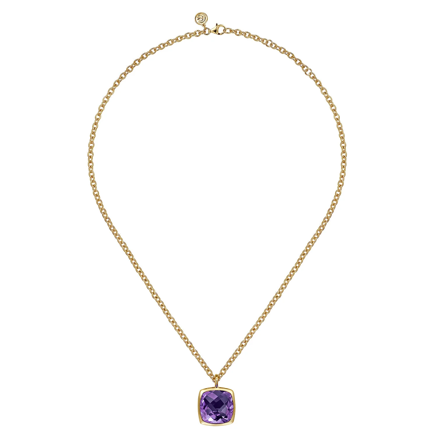 Cushion Cut Amethyst Necklace With Flower Pattern J-Back and Bezel Setting in 14K Yellow Gold, photograph 2