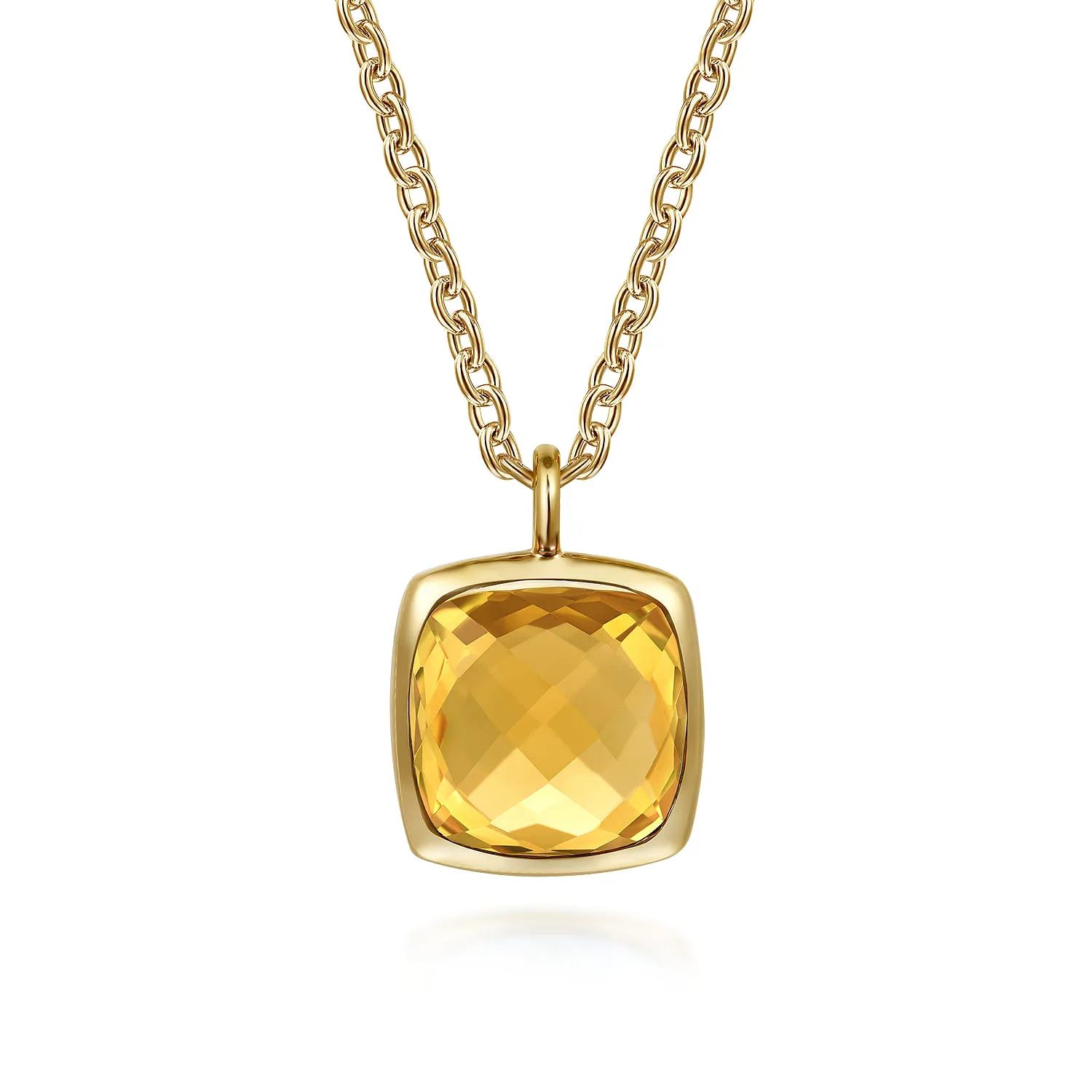 Cushion Cut Citrine Necklace With Flower Pattern J-Back and Bezel Setting