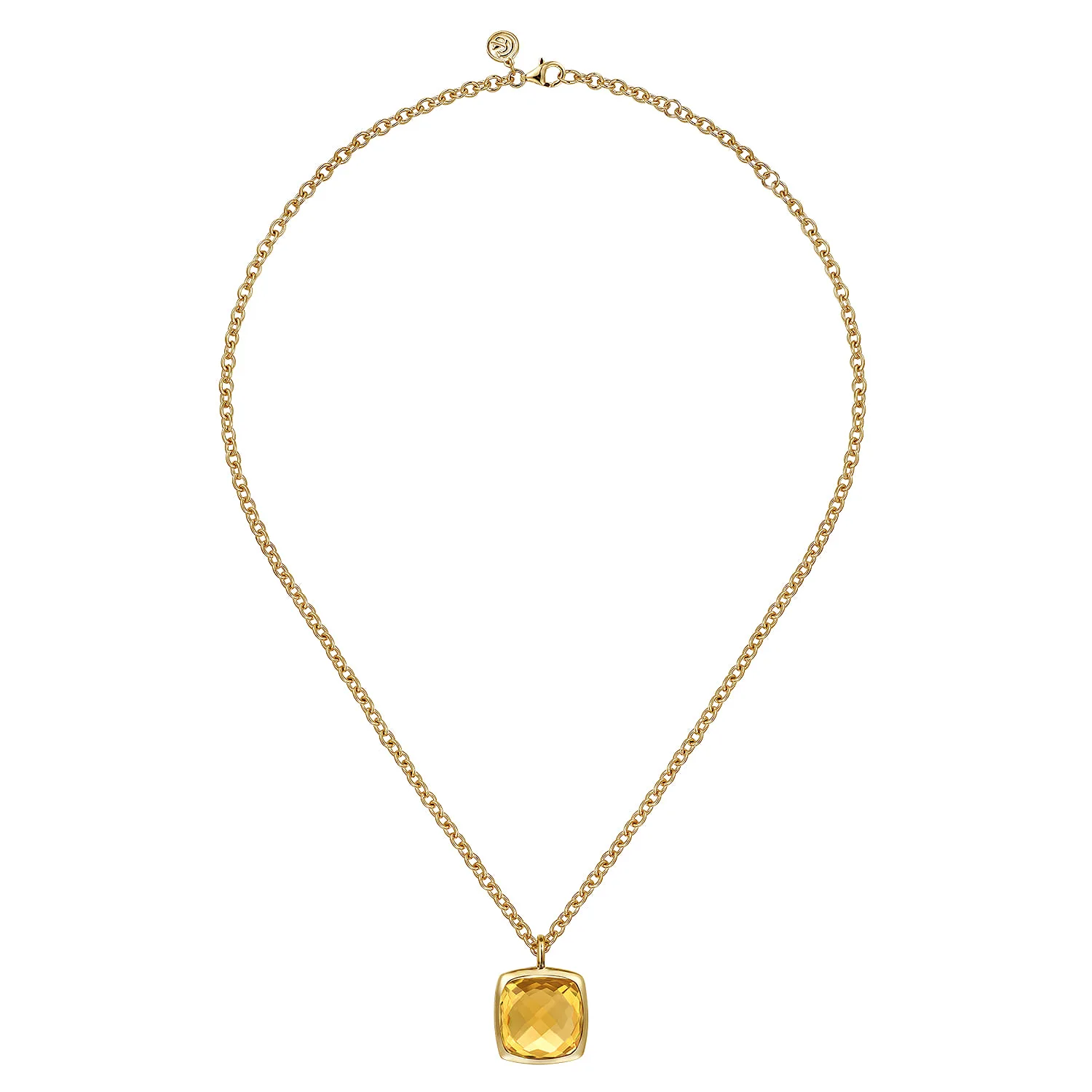 Cushion Cut Citrine Necklace With Flower Pattern J-Back and Bezel Setting in 14K Yellow Gold, photograph 2