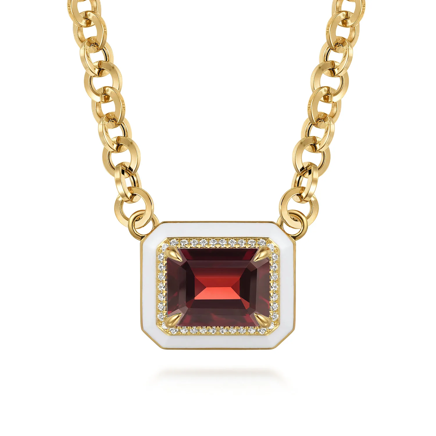 Diamond and Garnet Necklace With Flower Pattern J-Back and White Enamel