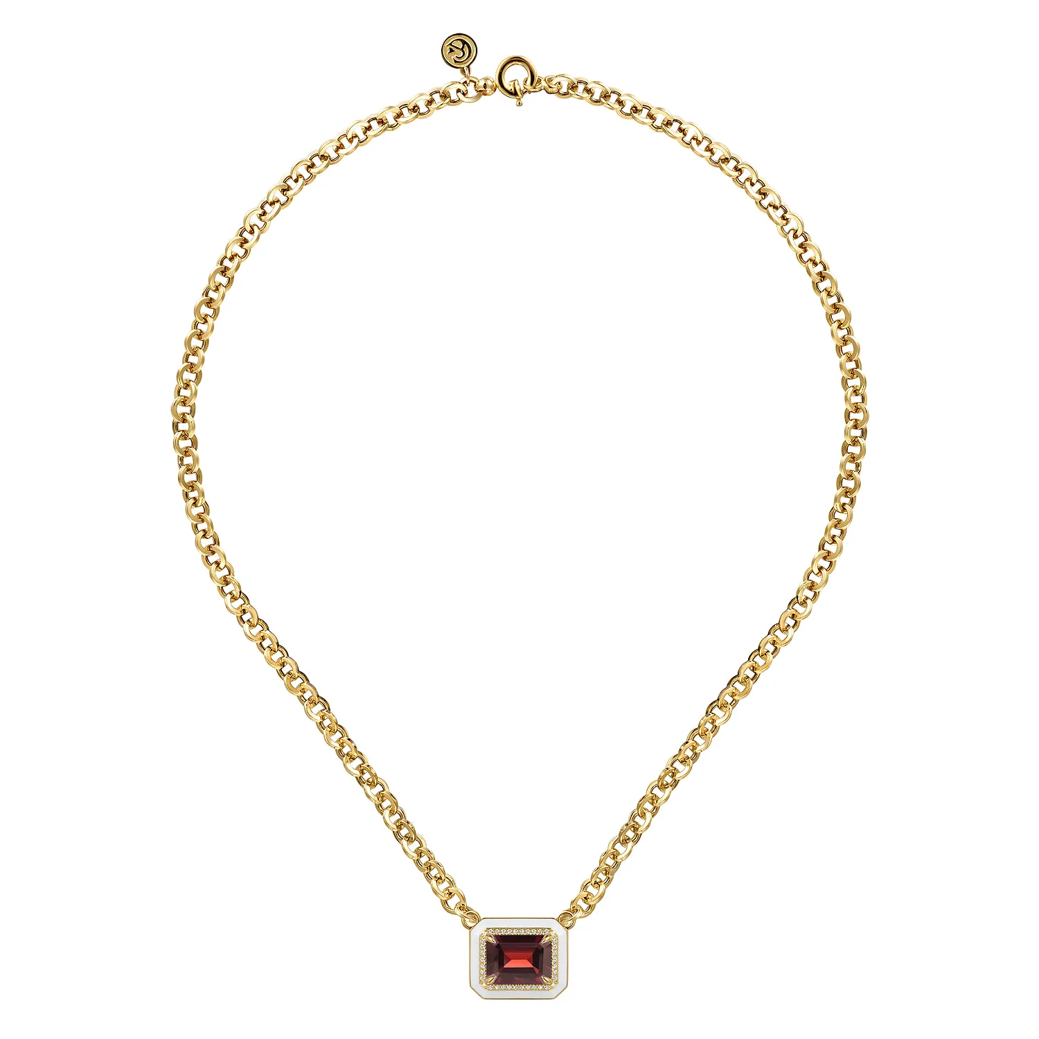 Diamond and Garnet Necklace With Flower Pattern J-Back and White Enamel in 14K Yellow Gold, photograph 2