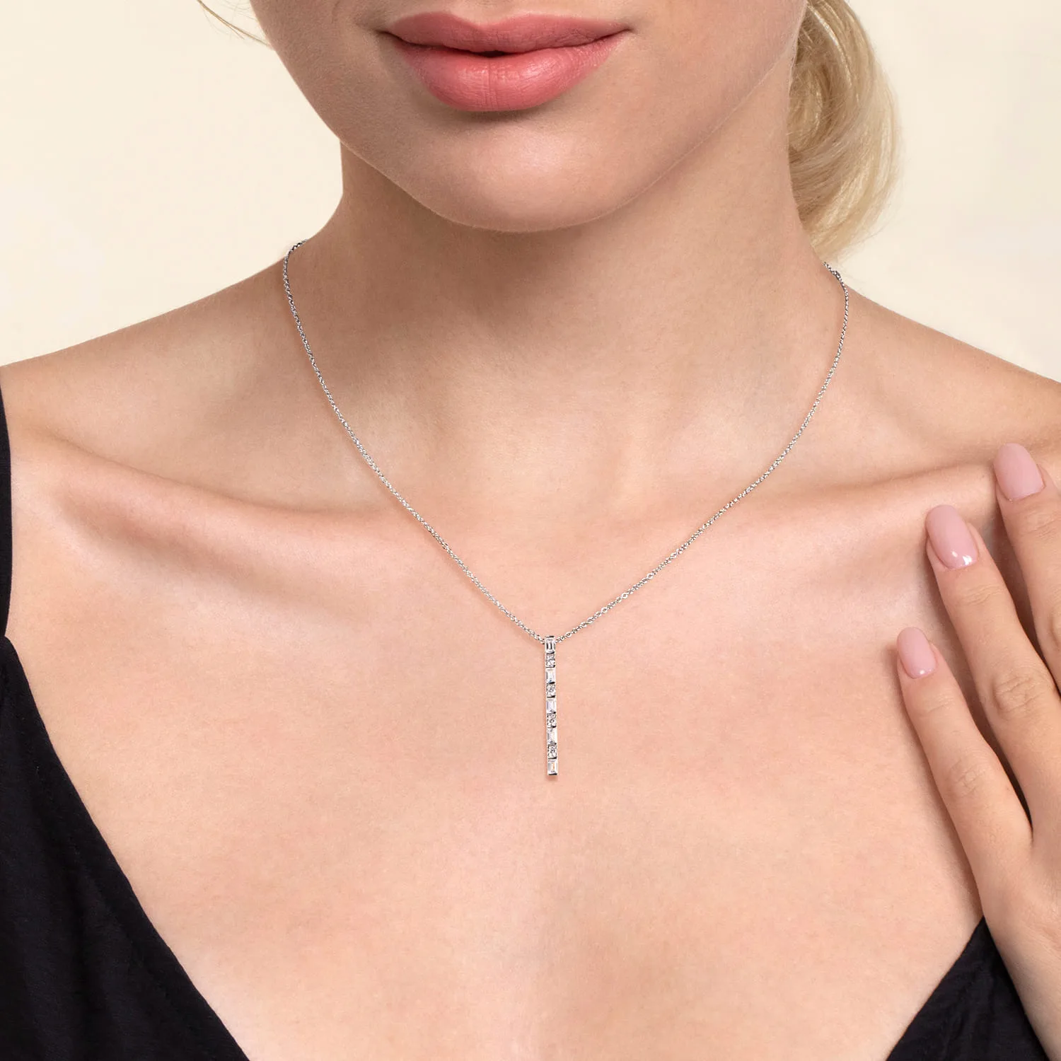 Vertical Diamond Bar Necklace in 14K White Gold, photograph 3