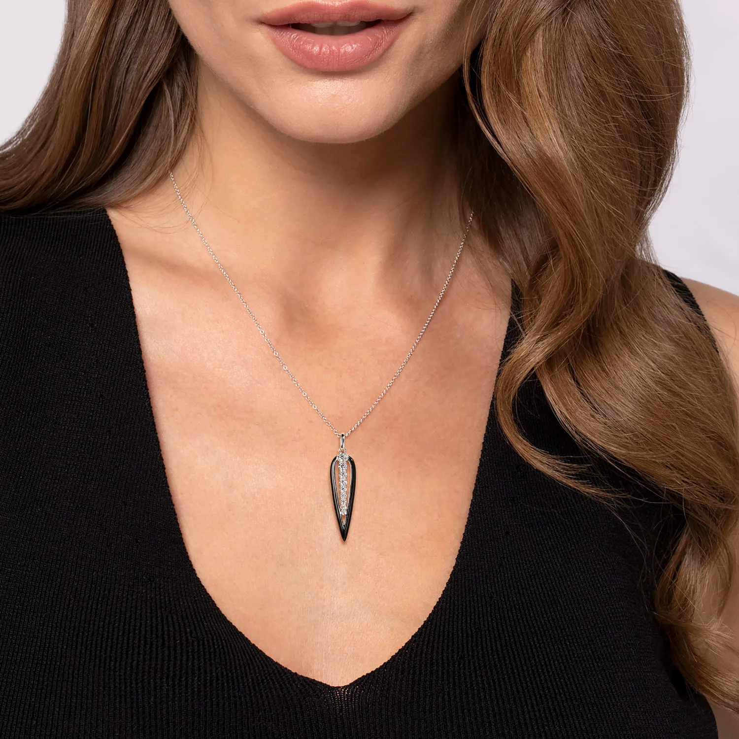 Graduating Diamond Pendant Necklace with Enamel in 14K White Gold, photograph 3