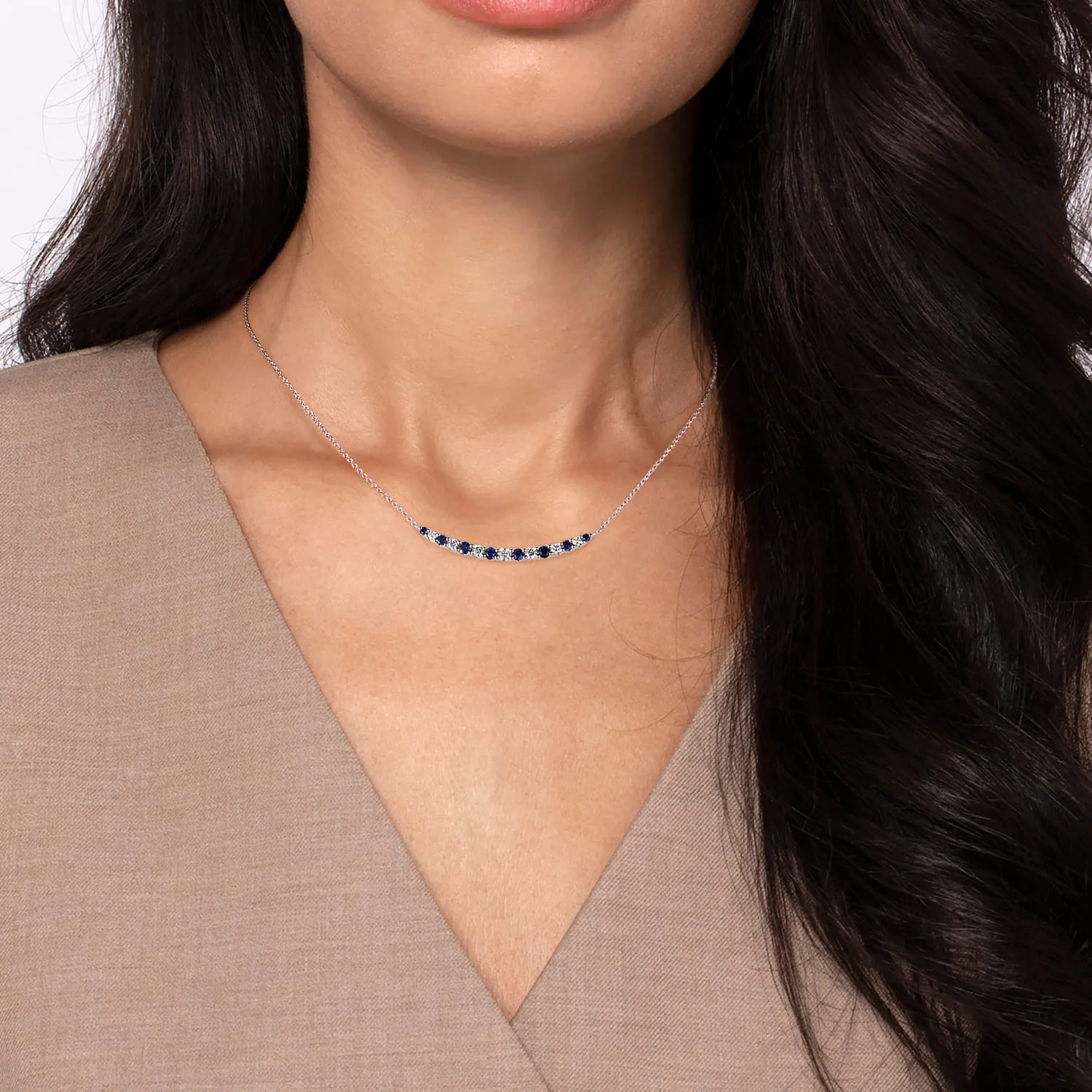 Diamond and Sapphire Bar Necklace in 14K White Gold, photograph 3