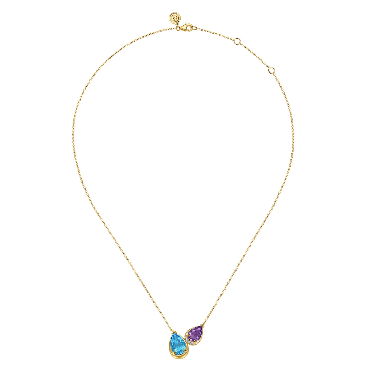 Toi et Moi Diamond Blue Topaz and Amethyst Pendant Necklace in 14K Yellow Gold, photograph 2
