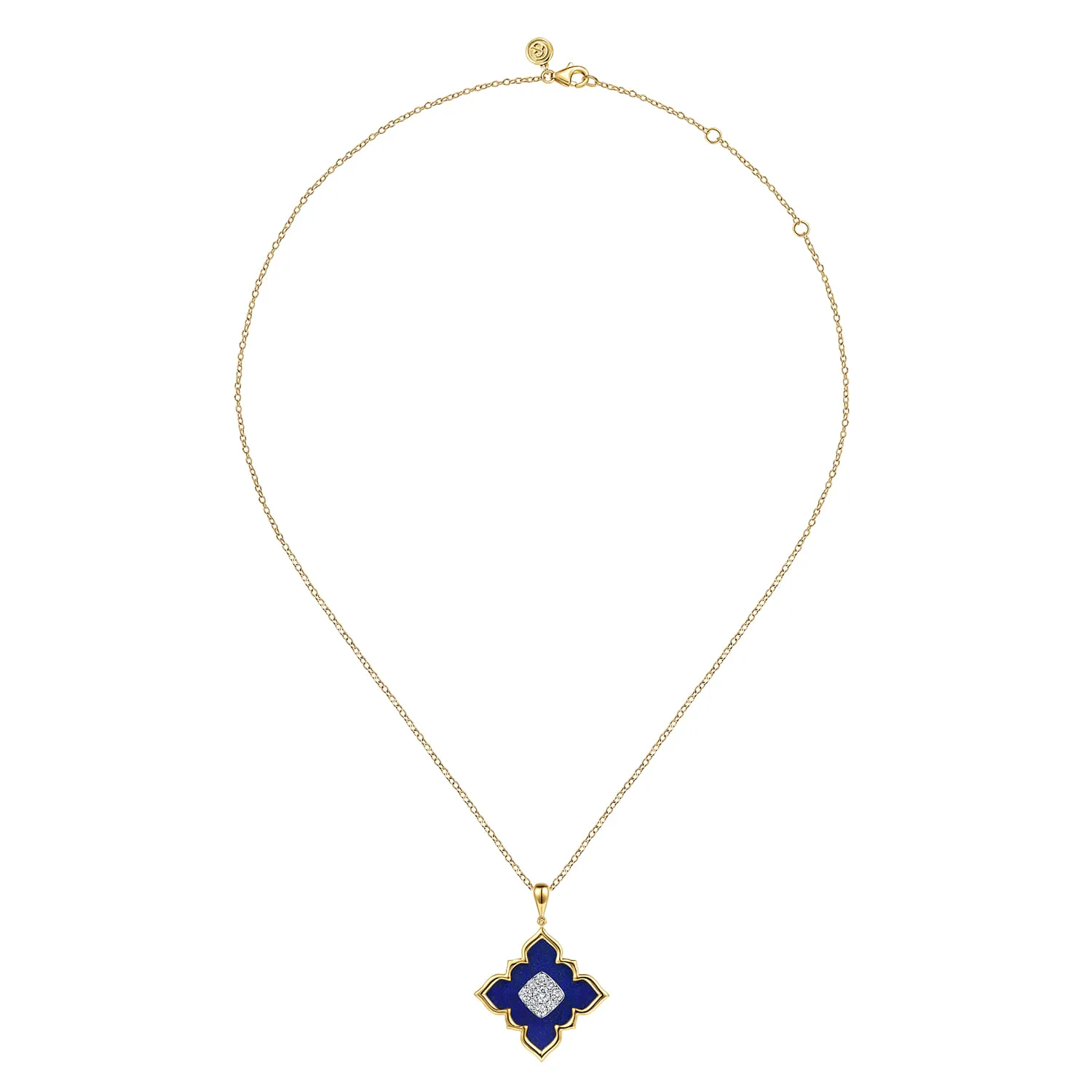 Diamond and Lapis Floral Pendant Necklace in 18K White/Yellow Gold, photograph 2