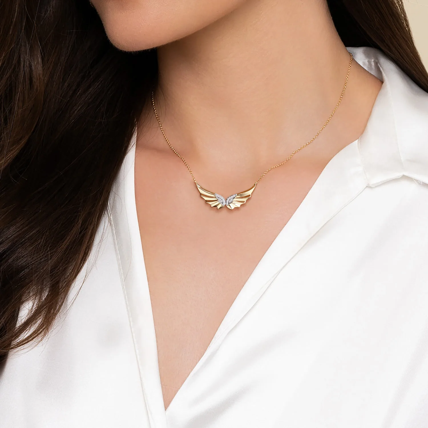 Diamond Angel Wing Bar Necklace in 14K White/Yellow Gold, photograph 3