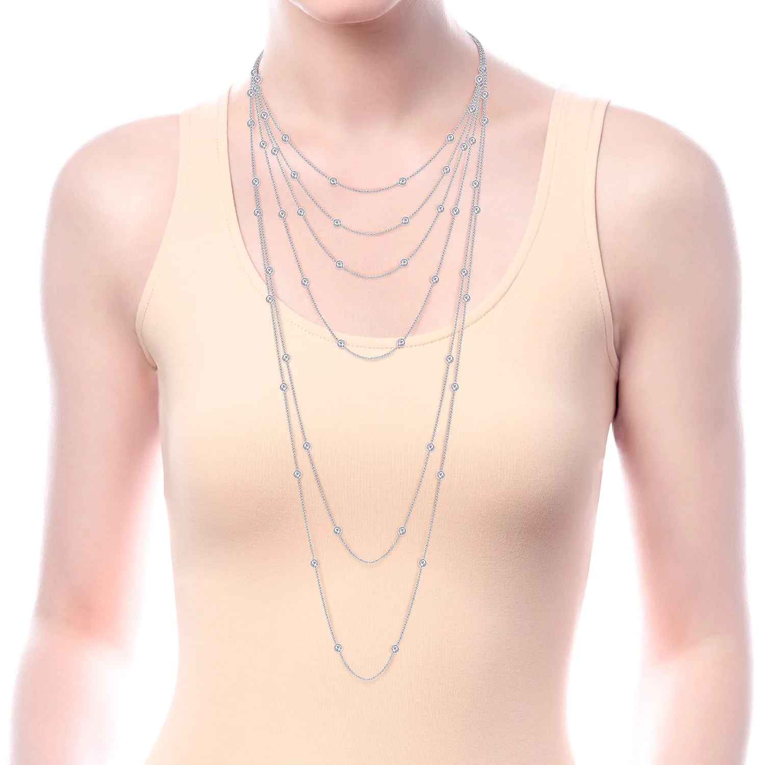 Bezel Set Diamond Station Necklace in 14K White Gold, photograph 3