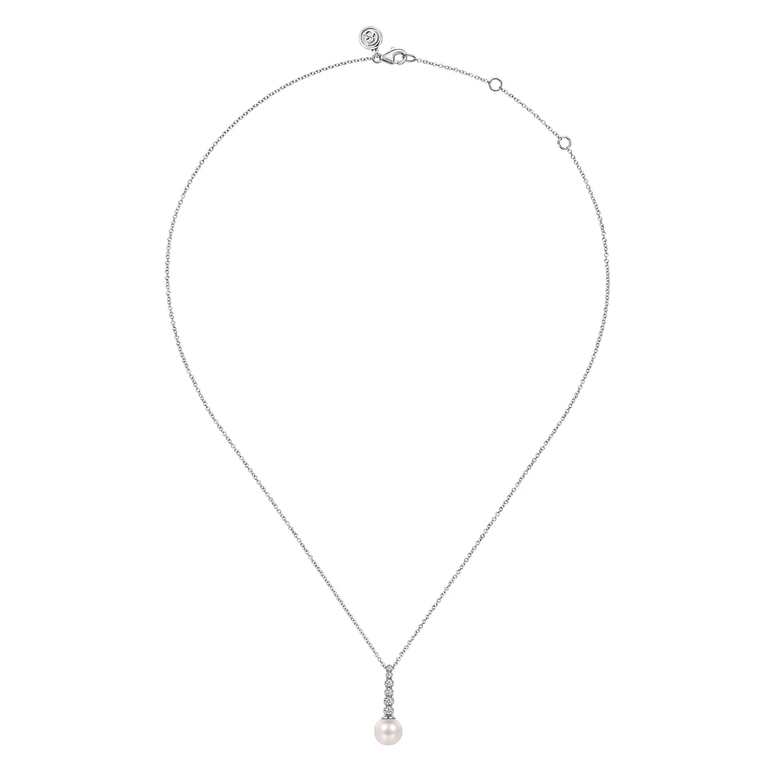 Graduating Diamond and Pearl Bar Necklace in 14K White Gold, photograph 2