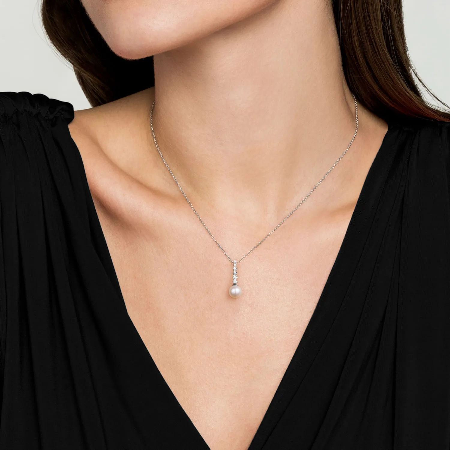 Graduating Diamond and Pearl Bar Necklace in 14K White Gold, photograph 3