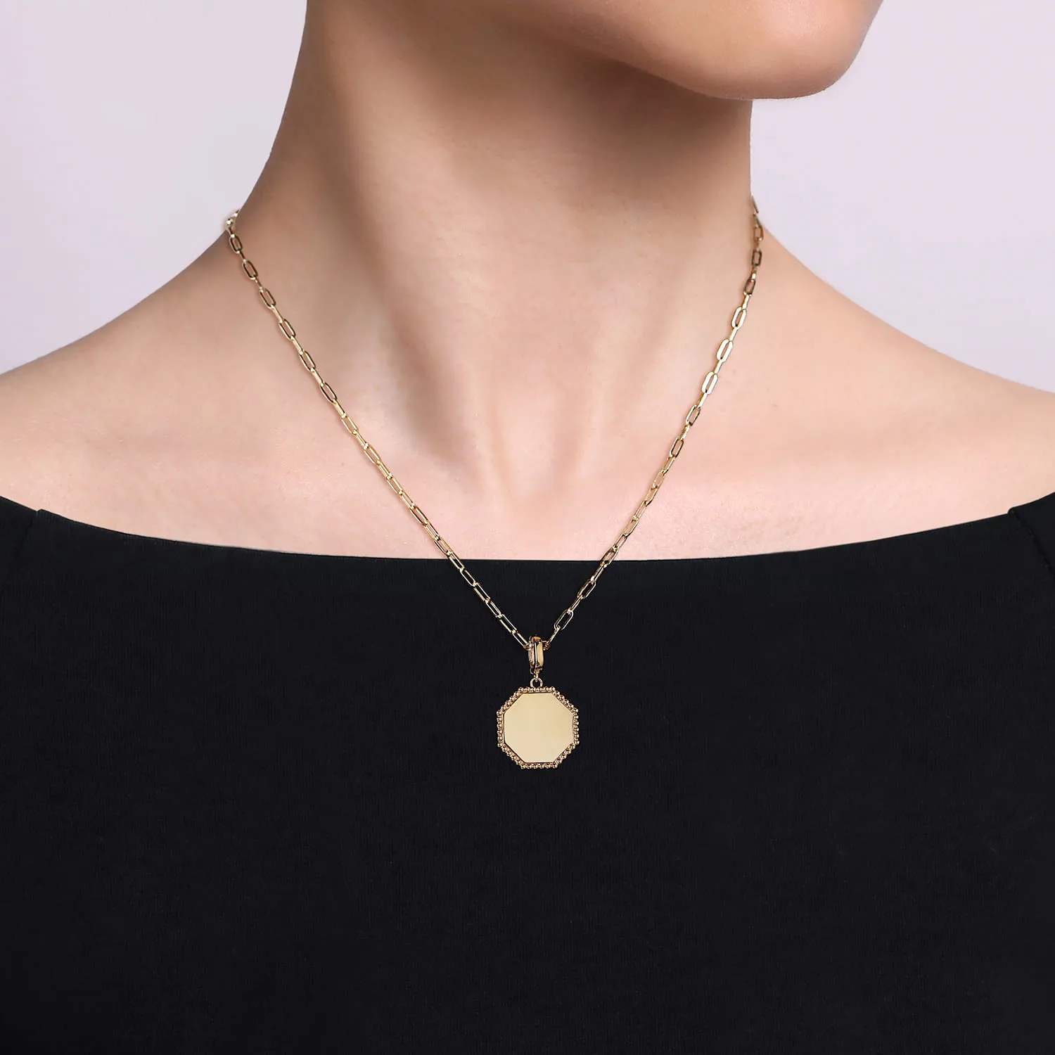 Bujukan Hexagon Personalized Medallion Pendant with Detachable Bail in 14K Yellow Gold, photograph 4
