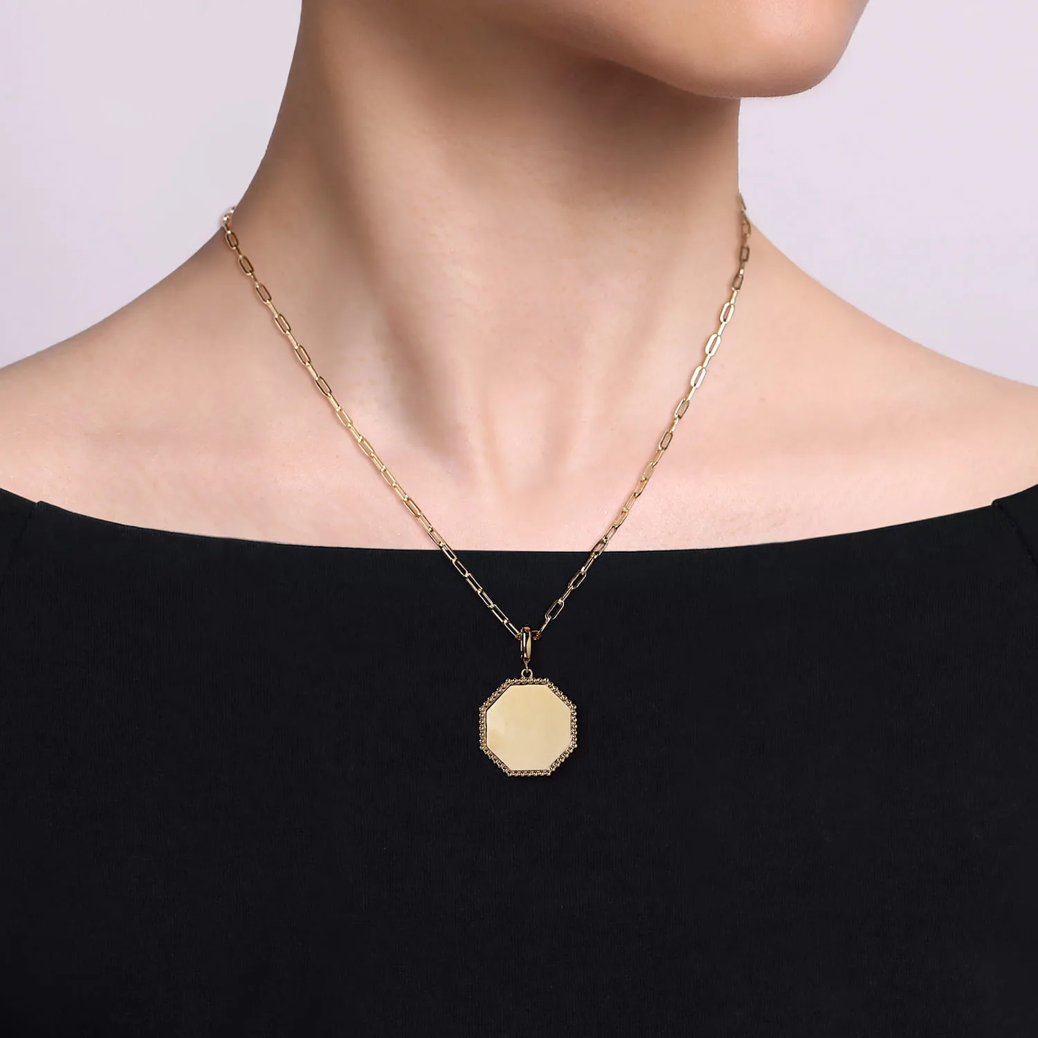 Bujukan Hexagon Personalized Medallion Pendant with Detachable Bail in 14K Yellow Gold, photograph 4