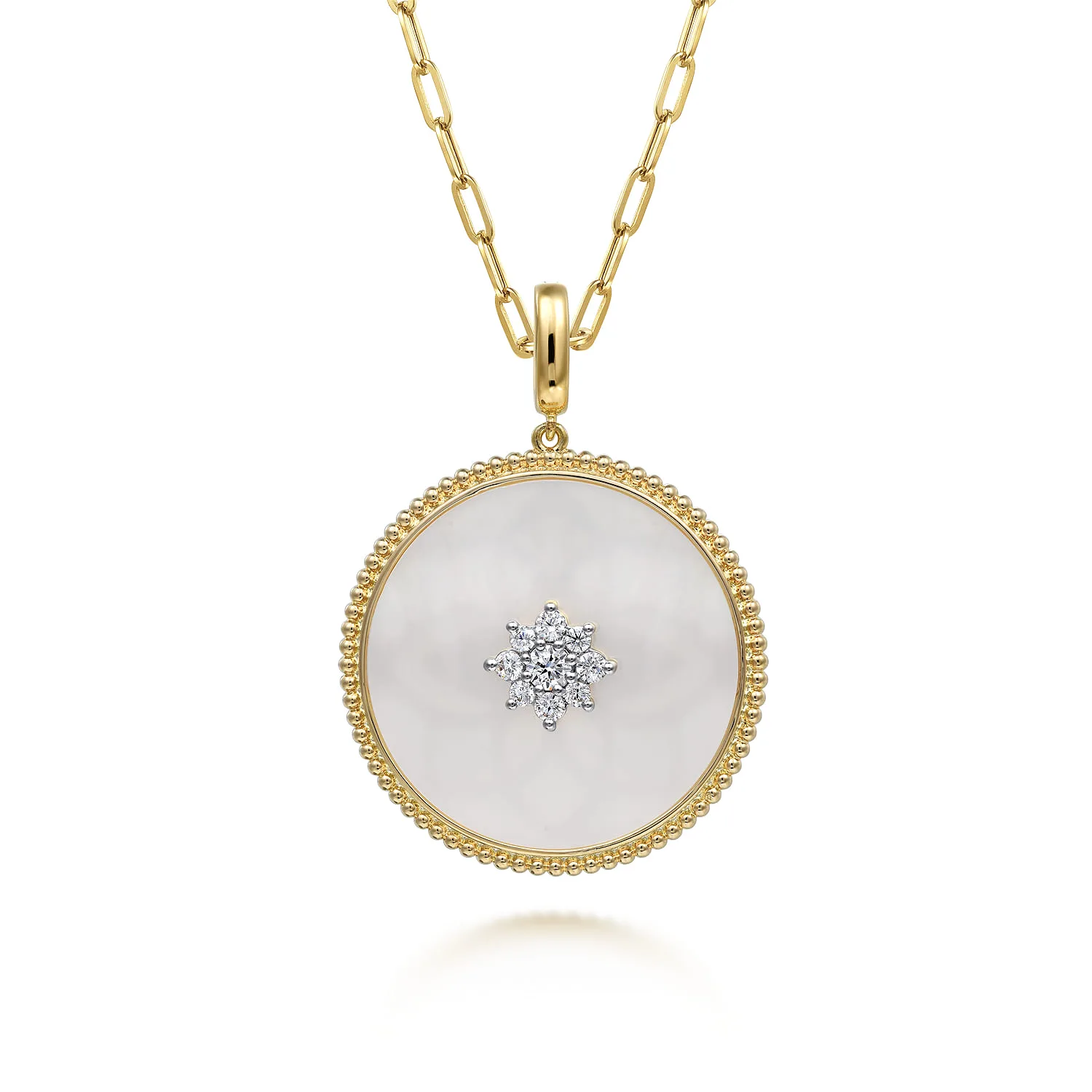 32mm Bujukan Diamond Mother of Pearl Medallion Pendant With Detachable Bail in 14K Yellow Gold, photograph 3