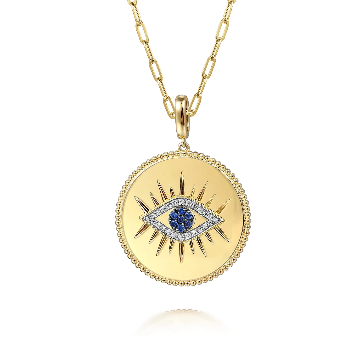 32mm Bujukan Diamond Sapphire Evil Eye Pendant With Detachable Bail in 14K Yellow Gold, photograph 3