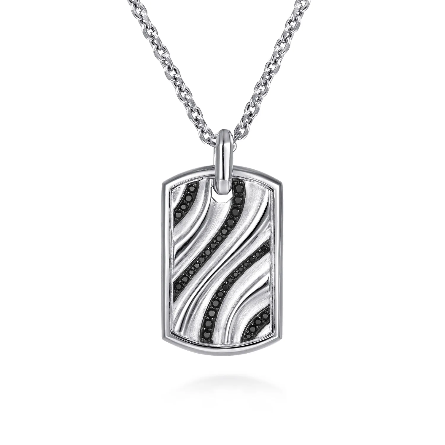 Black Spinel Wave Dog Tag Pendant in Sterling Silver, photograph 3